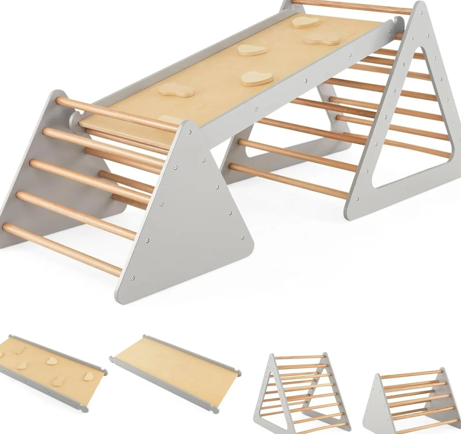 Little Helper Swing & Slide Sets & Garden Play & Trampolines | Kids Climbing Frames & Activity Toys | 4-in-1 Deluxe Eco Montessori Pikler Triangle, Slide & Climbing Wall | Natural & Grey