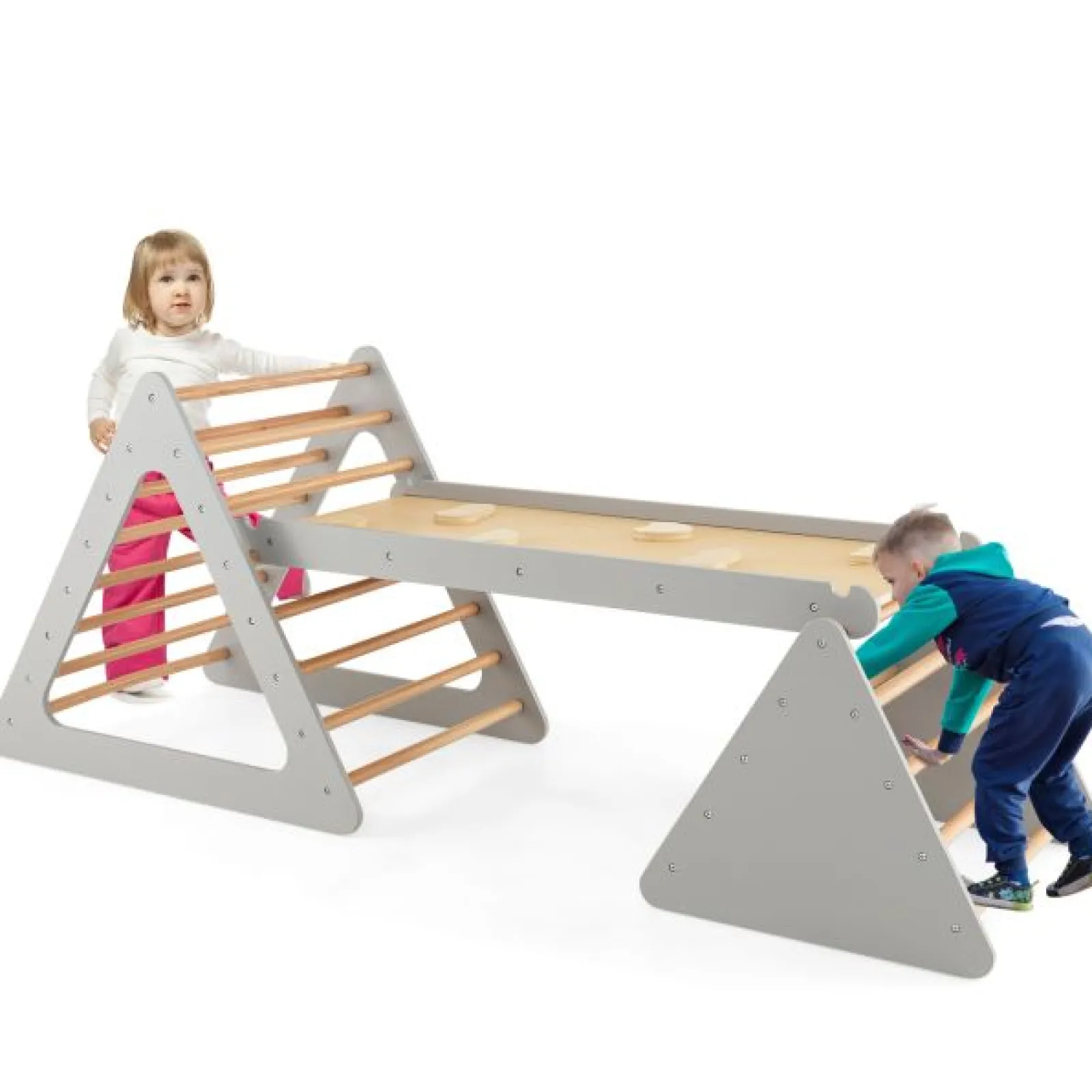 Little Helper Swing & Slide Sets & Garden Play & Trampolines | Kids Climbing Frames & Activity Toys | 4-in-1 Deluxe Eco Montessori Pikler Triangle, Slide & Climbing Wall | Natural & Grey