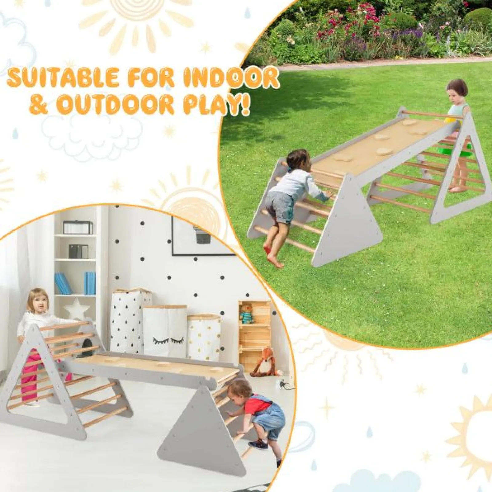 Little Helper Swing & Slide Sets & Garden Play & Trampolines | Kids Climbing Frames & Activity Toys | 4-in-1 Deluxe Eco Montessori Pikler Triangle, Slide & Climbing Wall | Natural & Grey