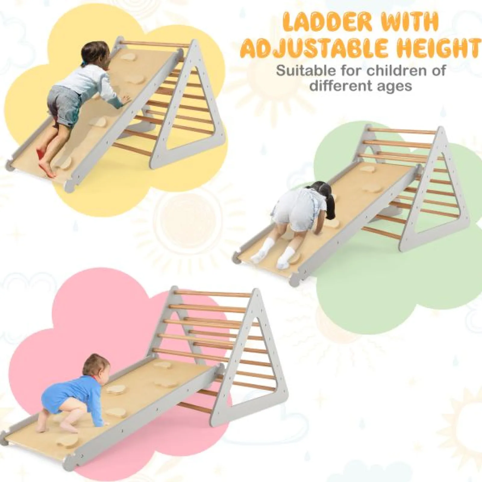 Little Helper Swing & Slide Sets & Garden Play & Trampolines | Kids Climbing Frames & Activity Toys | 4-in-1 Deluxe Eco Montessori Pikler Triangle, Slide & Climbing Wall | Natural & Grey