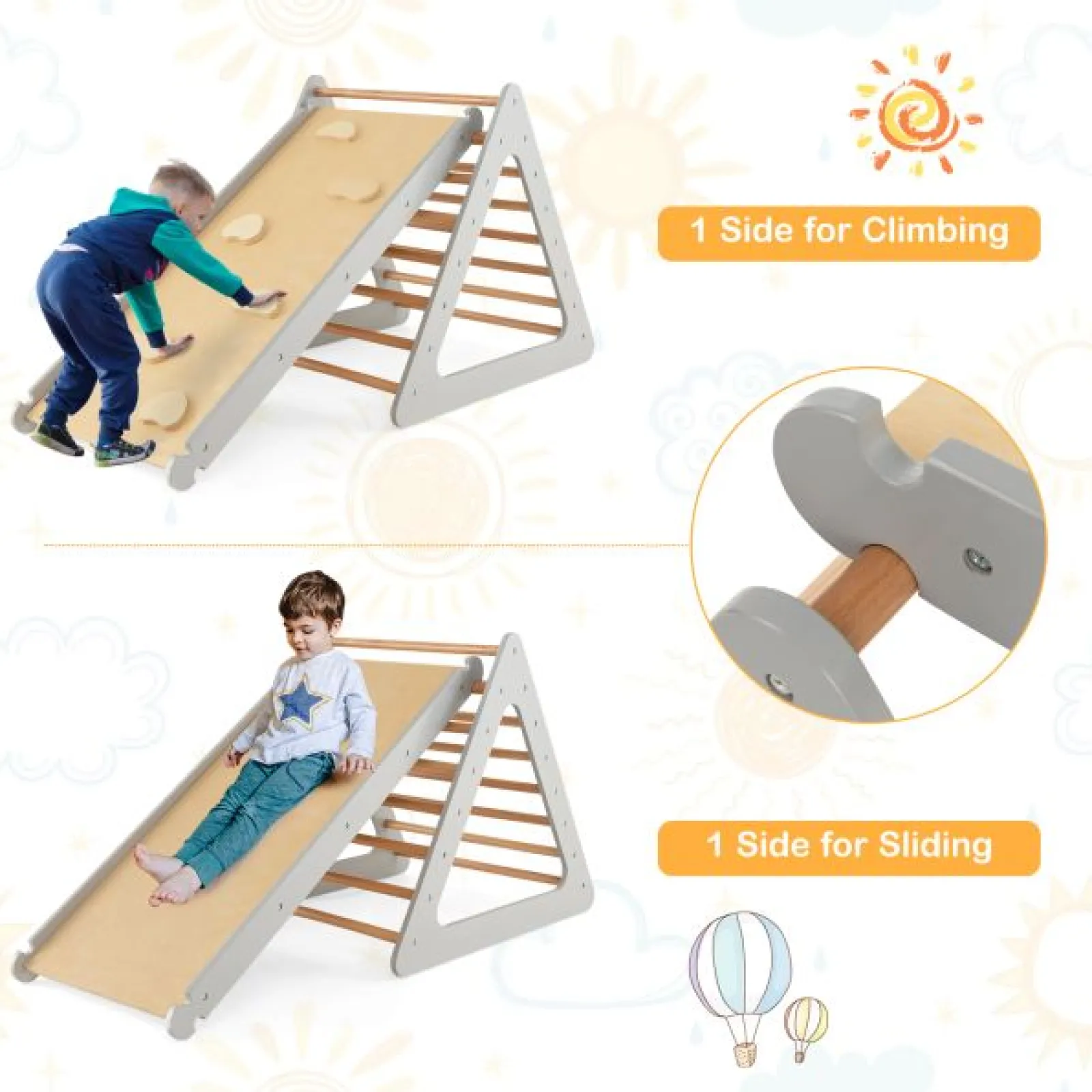 Little Helper Swing & Slide Sets & Garden Play & Trampolines | Kids Climbing Frames & Activity Toys | 4-in-1 Deluxe Eco Montessori Pikler Triangle, Slide & Climbing Wall | Natural & Grey