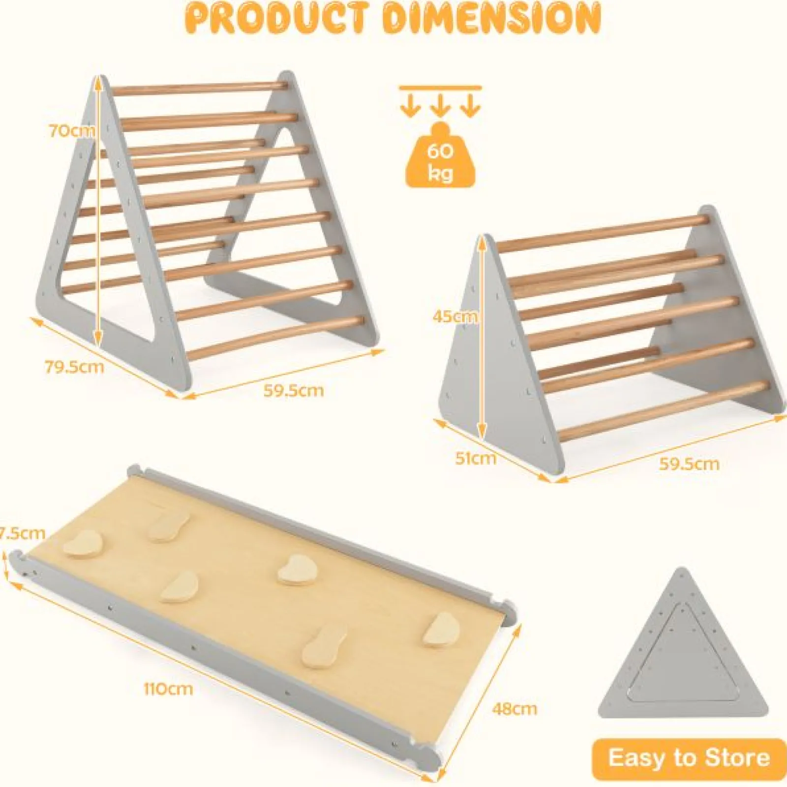 Little Helper Swing & Slide Sets & Garden Play & Trampolines | Kids Climbing Frames & Activity Toys | 4-in-1 Deluxe Eco Montessori Pikler Triangle, Slide & Climbing Wall | Natural & Grey