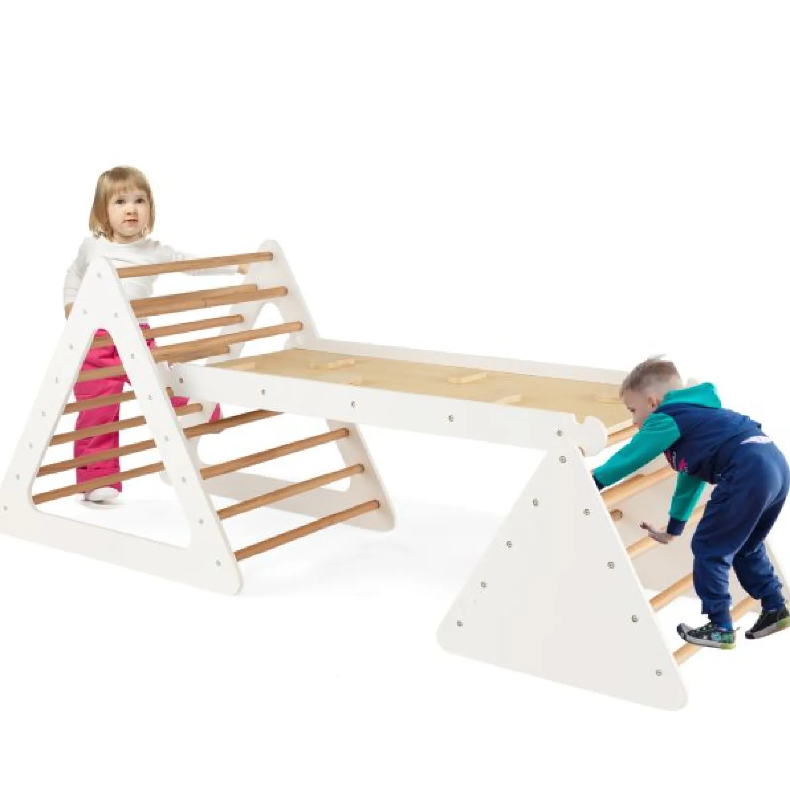 Little Helper Swing & Slide Sets & Garden Play & Trampolines | Kids Climbing Frames & Activity Toys | 4-in-1 Deluxe Eco Montessori Pikler Triangle, Slide & Climbing Wall | Natural & White