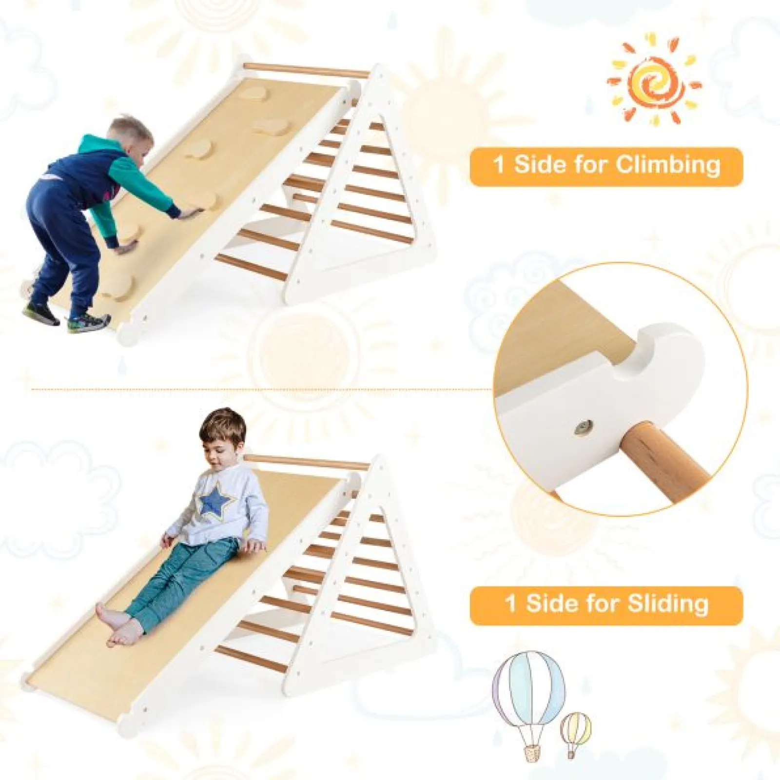 Little Helper Swing & Slide Sets & Garden Play & Trampolines | Kids Climbing Frames & Activity Toys | 4-in-1 Deluxe Eco Montessori Pikler Triangle, Slide & Climbing Wall | Natural & White