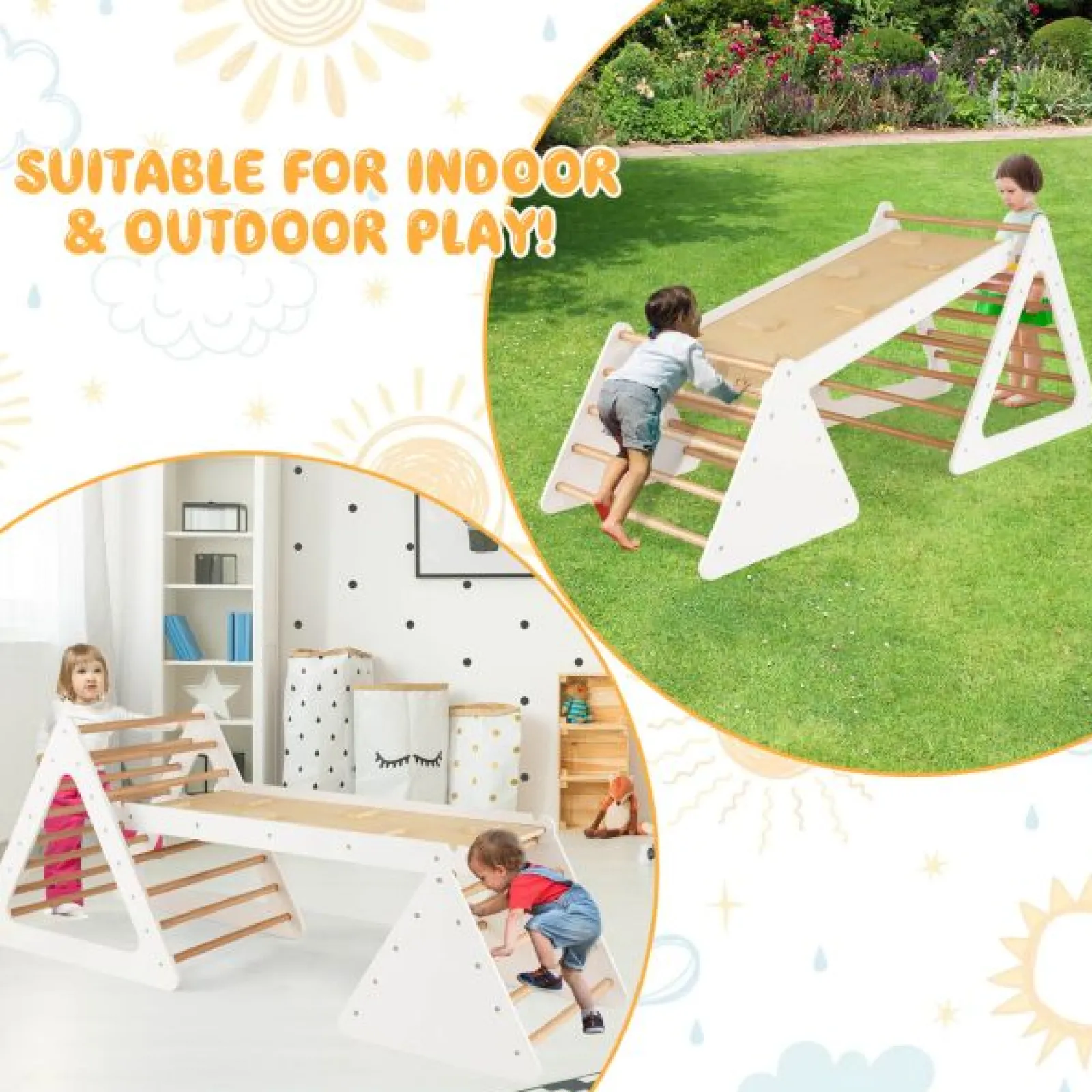 Little Helper Swing & Slide Sets & Garden Play & Trampolines | Kids Climbing Frames & Activity Toys | 4-in-1 Deluxe Eco Montessori Pikler Triangle, Slide & Climbing Wall | Natural & White