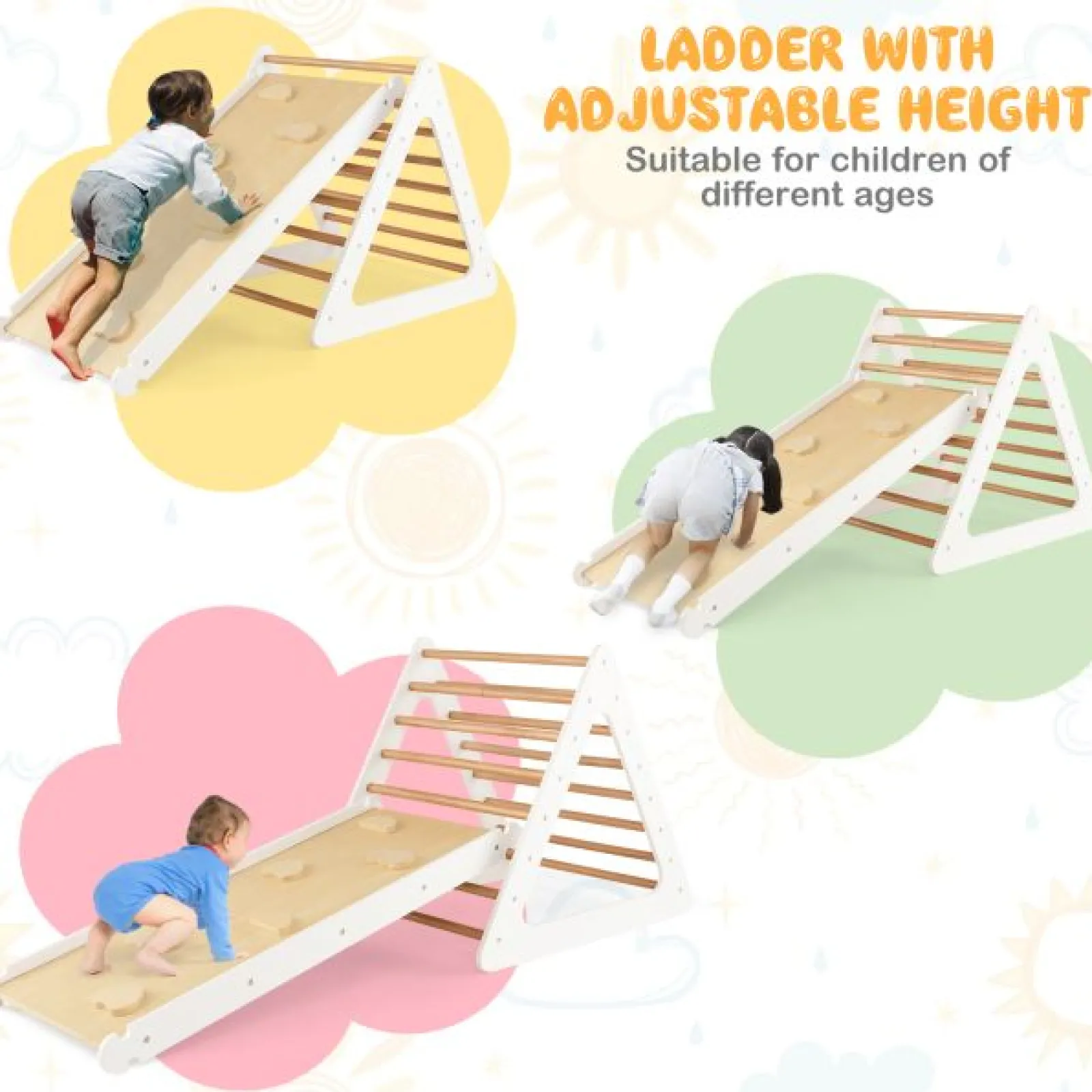 Little Helper Swing & Slide Sets & Garden Play & Trampolines | Kids Climbing Frames & Activity Toys | 4-in-1 Deluxe Eco Montessori Pikler Triangle, Slide & Climbing Wall | Natural & White