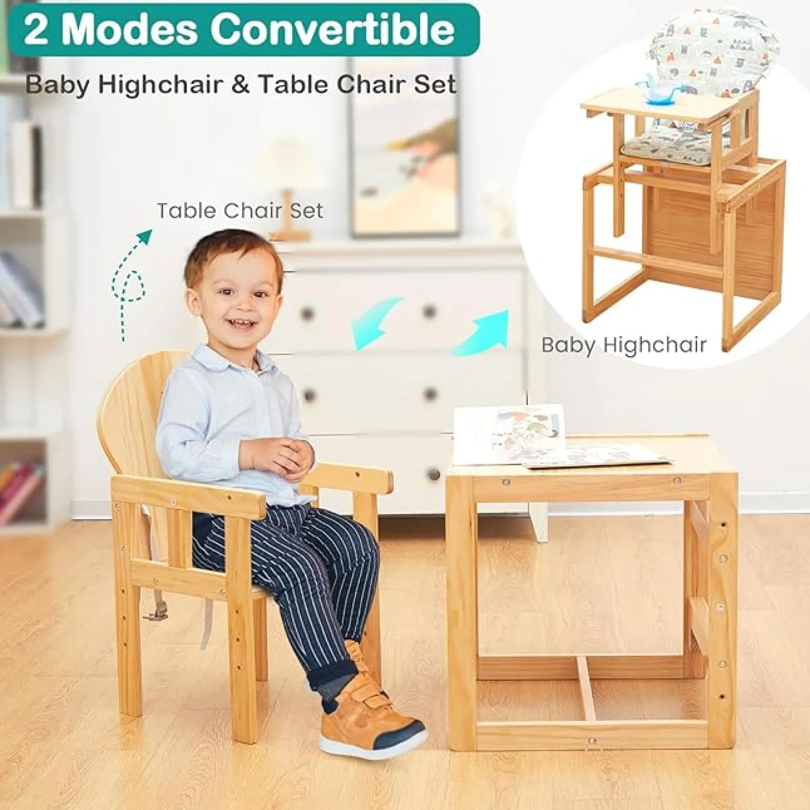Little Helper High Chairs (wooden) | High Chairs (combination) | 2-in-1 Deluxe Eco Wood Wood Height Adjustable Combination Baby High Chair | Table & Chair Set | Natural | 6 months - 6 Years