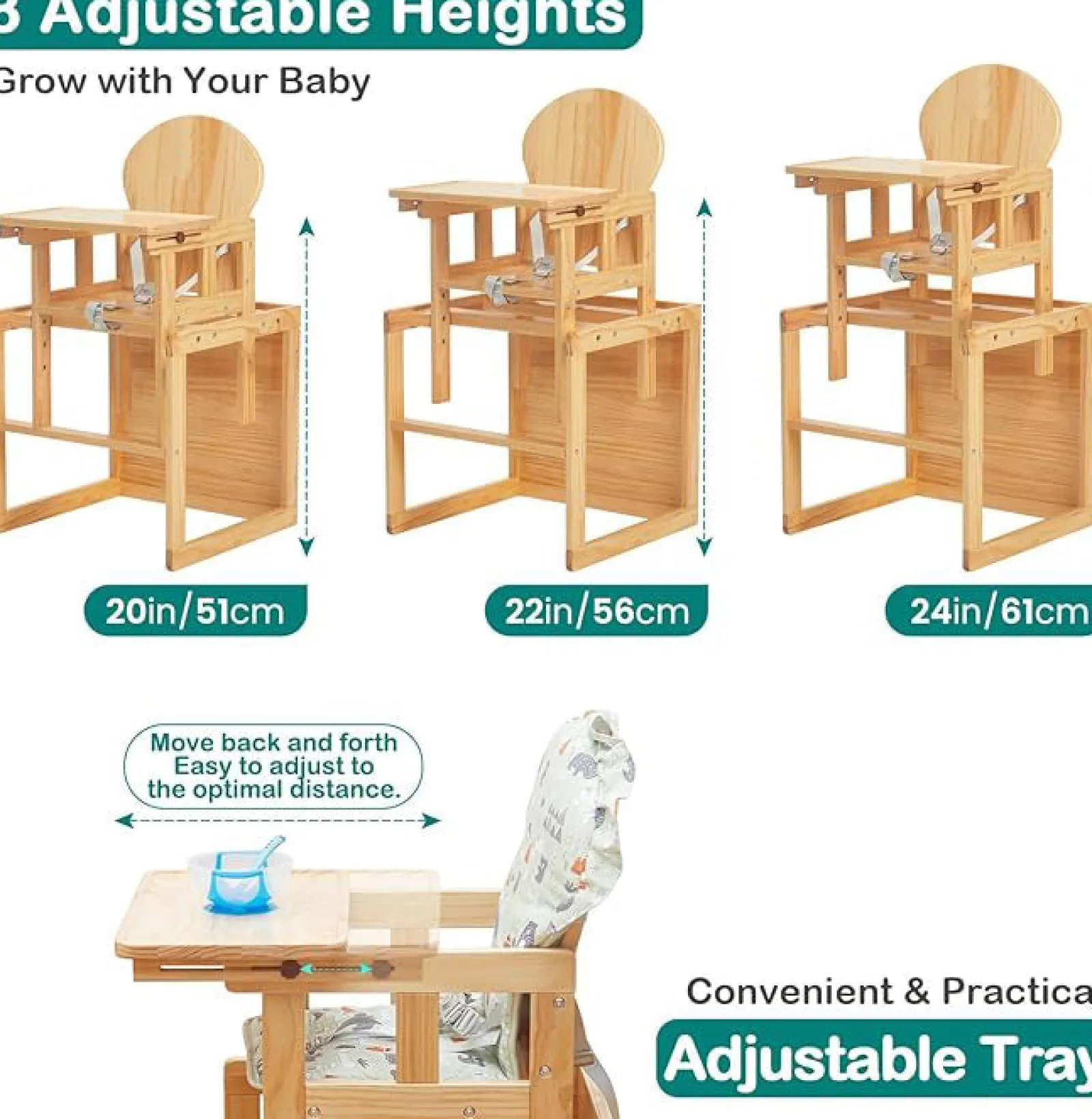 Little Helper High Chairs (wooden) | High Chairs (combination) | 2-in-1 Deluxe Eco Wood Wood Height Adjustable Combination Baby High Chair | Table & Chair Set | Natural | 6 months - 6 Years