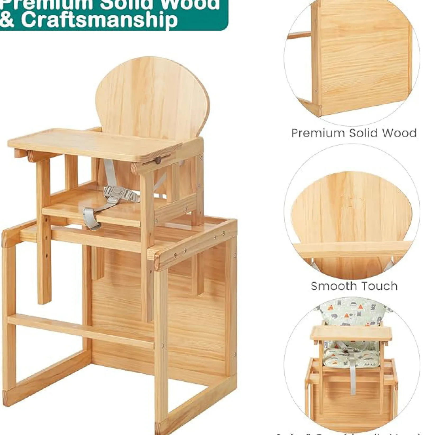 Little Helper High Chairs (wooden) | High Chairs (combination) | 2-in-1 Deluxe Eco Wood Wood Height Adjustable Combination Baby High Chair | Table & Chair Set | Natural | 6 months - 6 Years