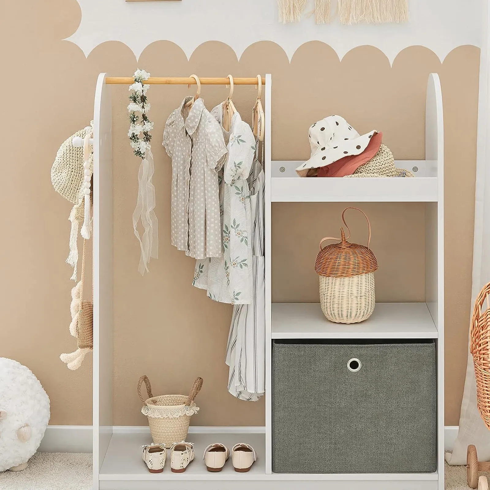 Little Helper Montessori Toys & Products | Clothes Rail & Dressing Up Rails | 3-in-1 Deluxe Montessori Dress Up Rail | Clothes Rail | Shelves | Storage Box | White | 1.08m High