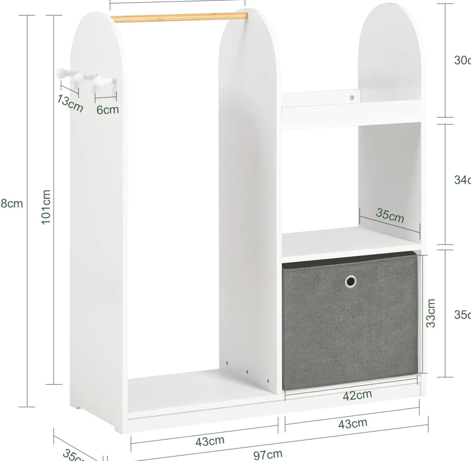 Little Helper Montessori Toys & Products | Clothes Rail & Dressing Up Rails | 3-in-1 Deluxe Montessori Dress Up Rail | Clothes Rail | Shelves | Storage Box | White | 1.08m High