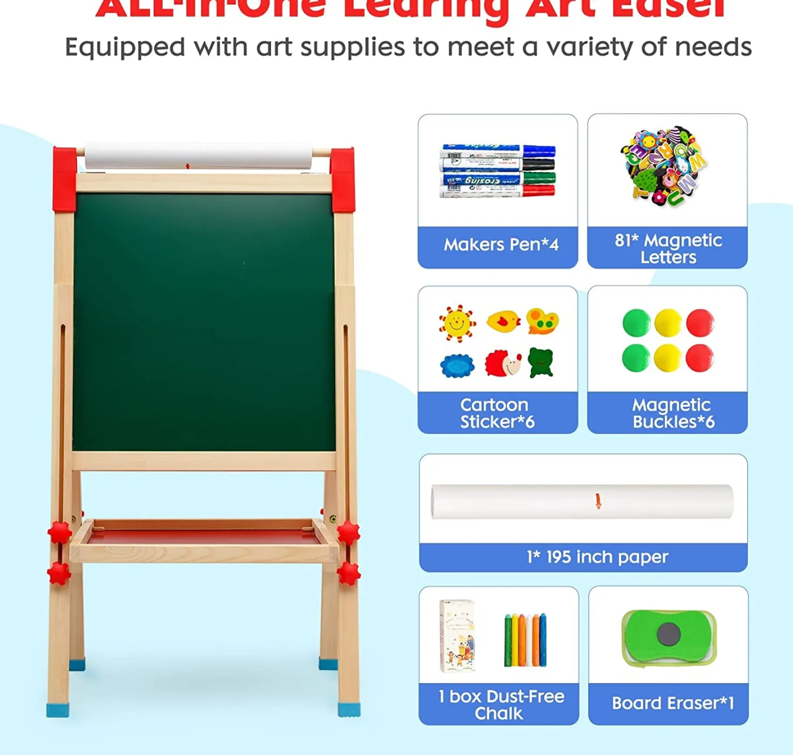 Little Helper Kids Arts & Crafts & Accessories | Easels & Accessories | 3-in-1 Eco Conscious Wood Height Adjustable Easel | Whiteboard | Blackboard Double Easel