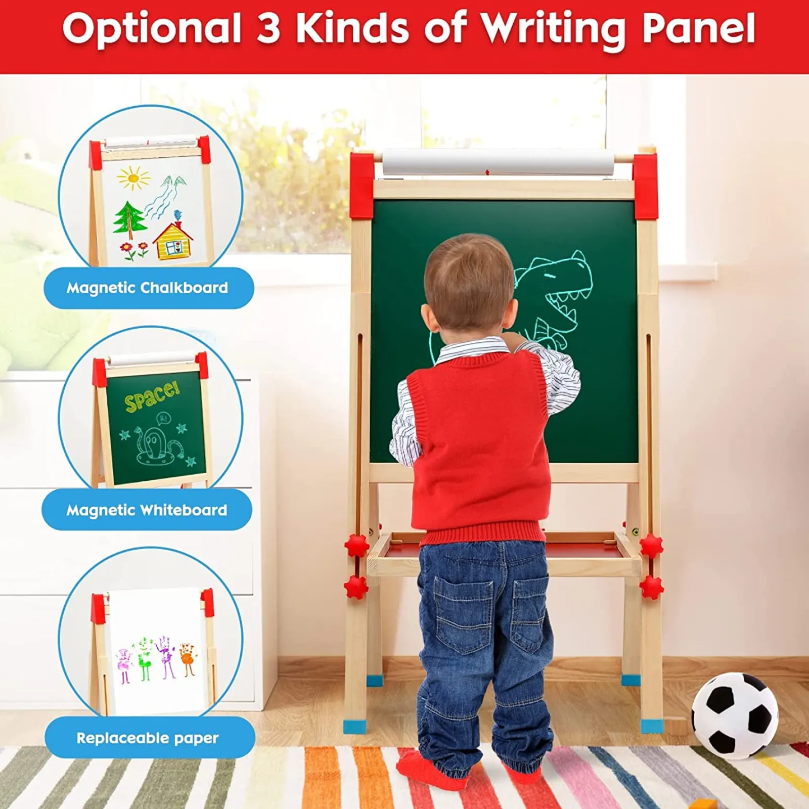 Little Helper Kids Arts & Crafts & Accessories | Easels & Accessories | 3-in-1 Eco Conscious Wood Height Adjustable Easel | Whiteboard | Blackboard Double Easel