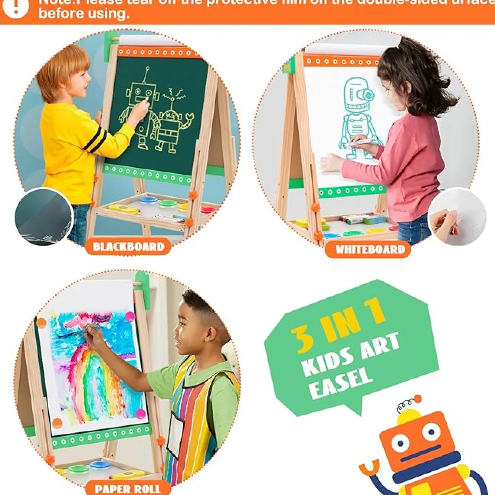 Little Helper Kids Arts & Crafts & Accessories | Easels & Accessories | 3-in-1 Eco Conscious Wood Height Adjustable Easel | Whiteboard | Blackboard Double Easel | 3-10 Years