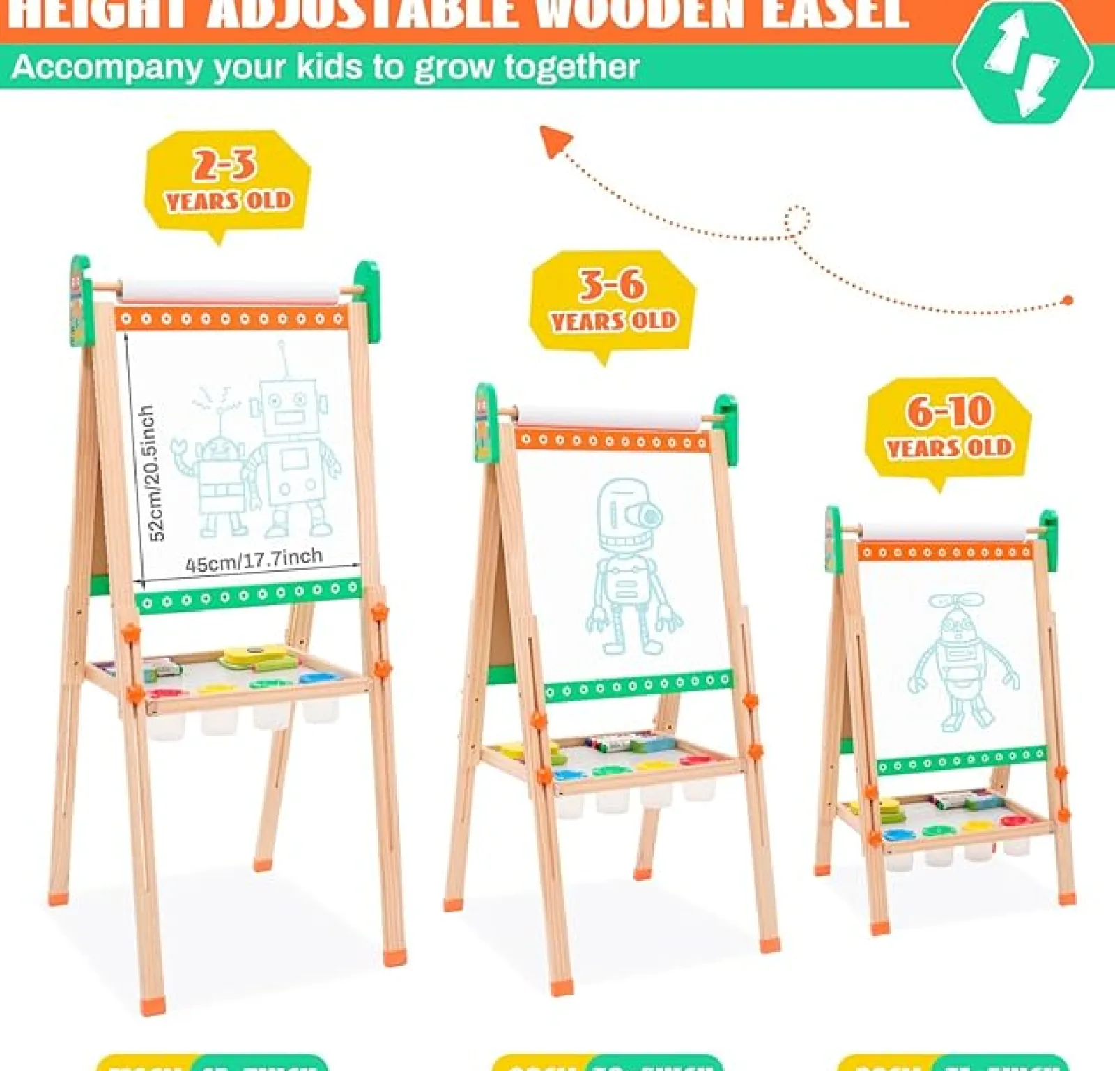 Little Helper Kids Arts & Crafts & Accessories | Easels & Accessories | 3-in-1 Eco Conscious Wood Height Adjustable Easel | Whiteboard | Blackboard Double Easel | 3-10 Years