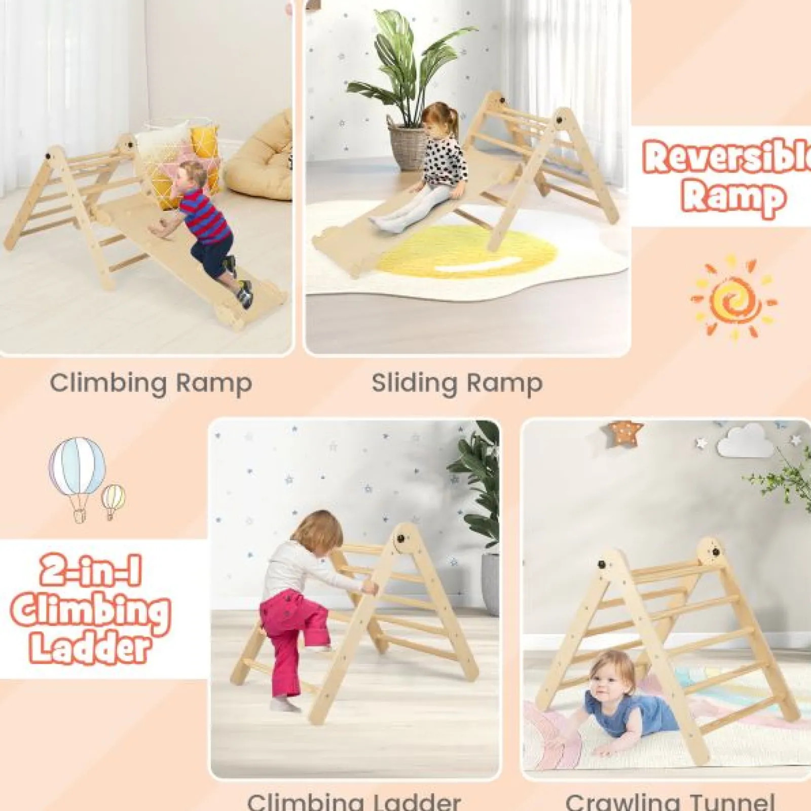 Little Helper Swing & Slide Sets & Garden Play & Trampolines | Kids Climbing Frames & Activity Toys | 4-in-1 Eco Solid Wood Folding Climbing Frame | Montessori Pikler Triangle, Slide & Climber | 36m+