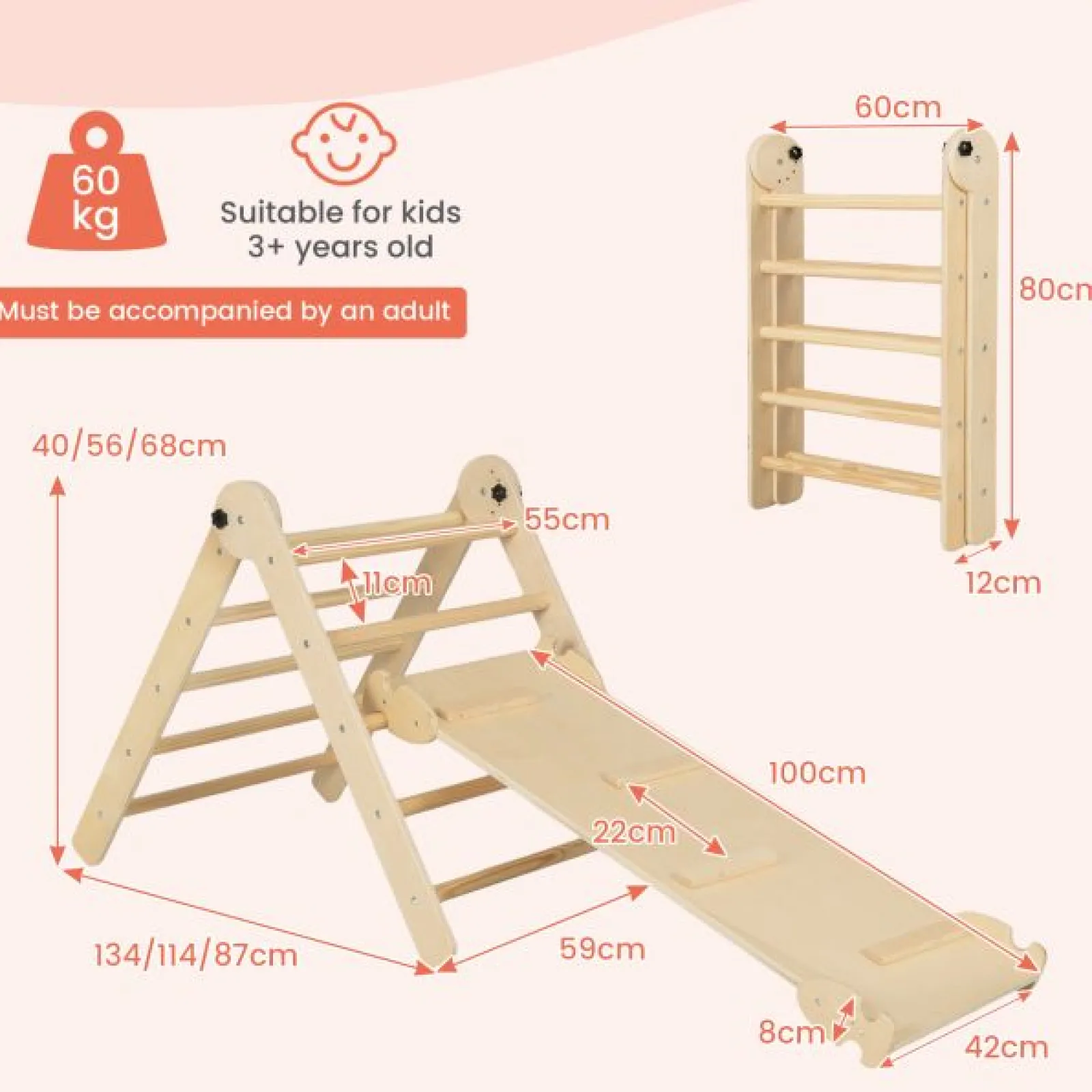 Little Helper Swing & Slide Sets & Garden Play & Trampolines | Kids Climbing Frames & Activity Toys | 4-in-1 Eco Solid Wood Folding Climbing Frame | Montessori Pikler Triangle, Slide & Climber | 36m+