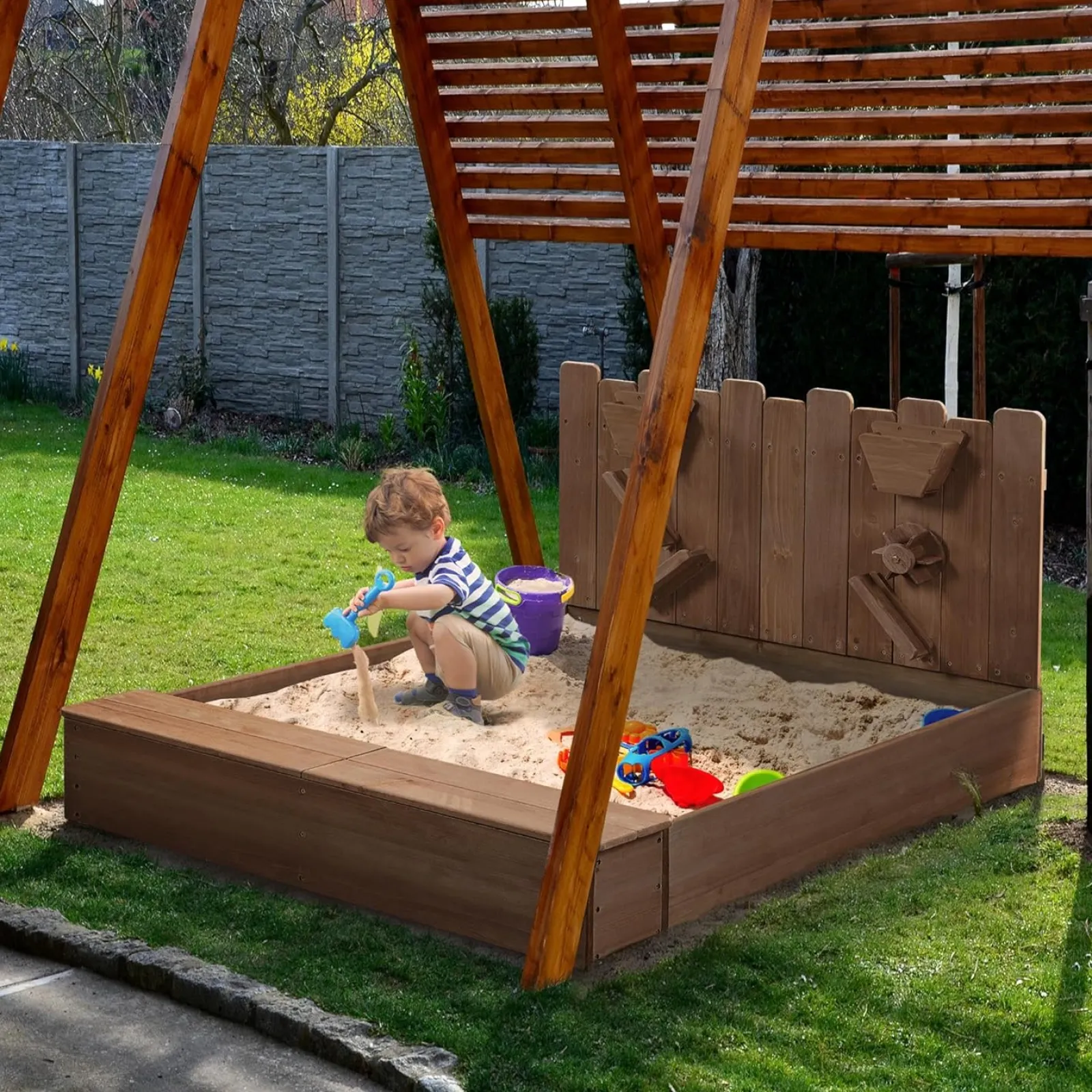 Little Helper Sand & Water Table & Sandpits & Mud Kitchens | Toy Kitchens | 2-in-1 Extra Large Montessori Eco Natural Fir Wood Sandpit | Sand & Waterwall | 3-8 Years