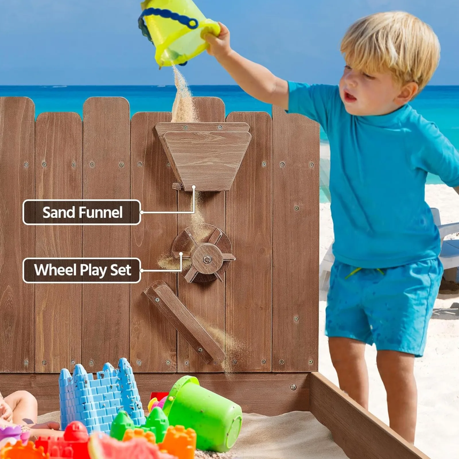 Little Helper Sand & Water Table & Sandpits & Mud Kitchens | Toy Kitchens | 2-in-1 Extra Large Montessori Eco Natural Fir Wood Sandpit | Sand & Waterwall | 3-8 Years