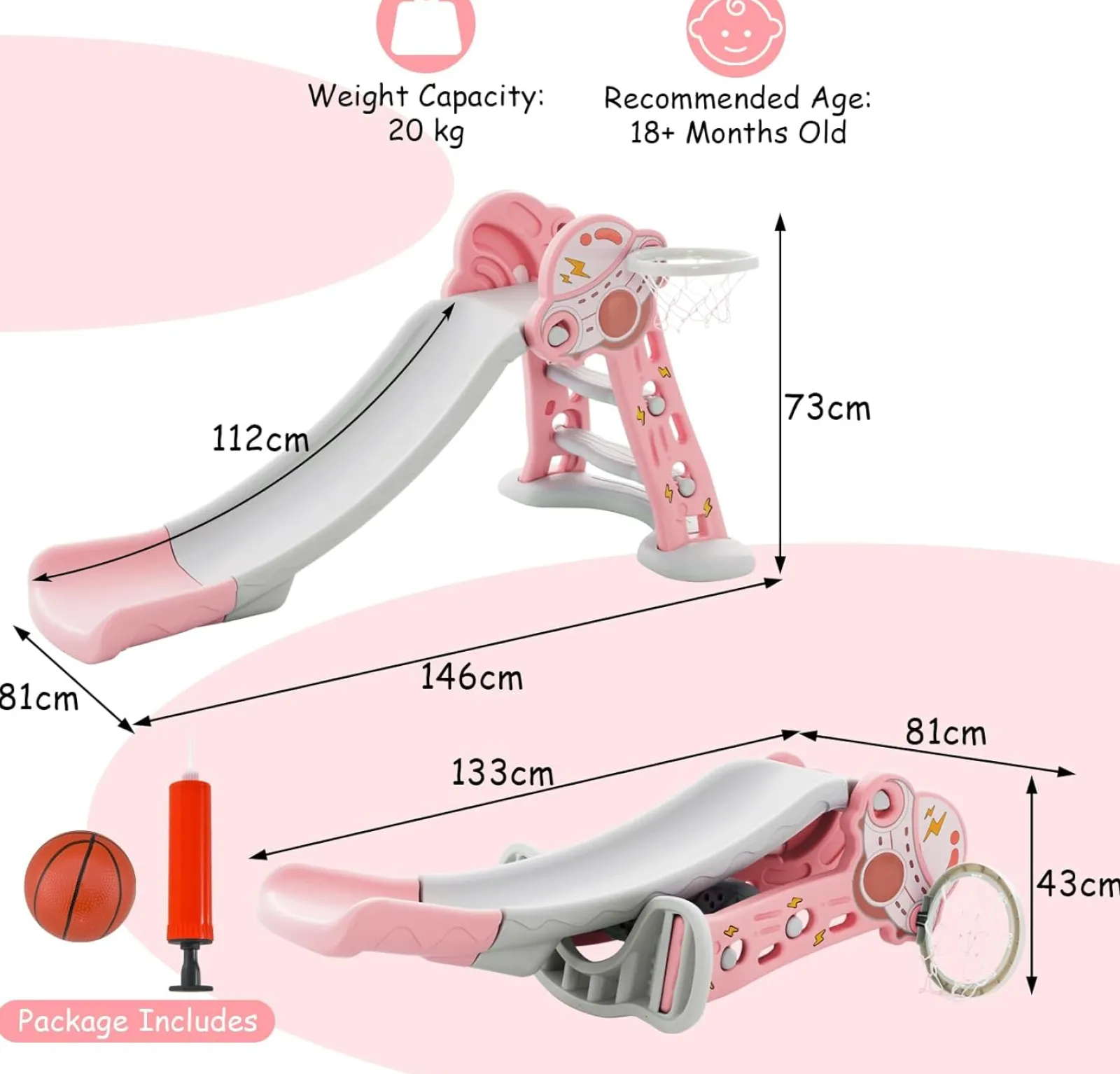 Little Helper Swing & Slide Sets & Garden Play & Trampolines | Activity Toys | 3-in-1 First Folding Slide | Garden Climber Slide Set & Basketball Hoop | Pink | 18m+