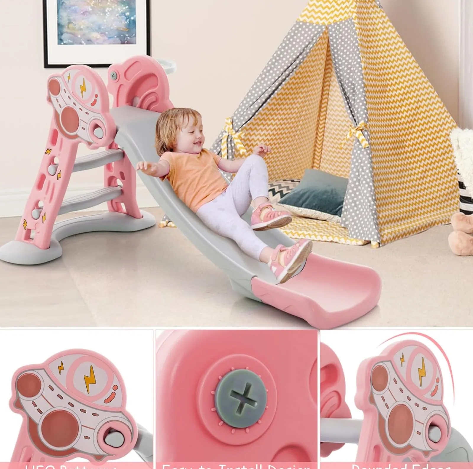 Little Helper Swing & Slide Sets & Garden Play & Trampolines | Activity Toys | 3-in-1 First Folding Slide | Garden Climber Slide Set & Basketball Hoop | Pink | 18m+