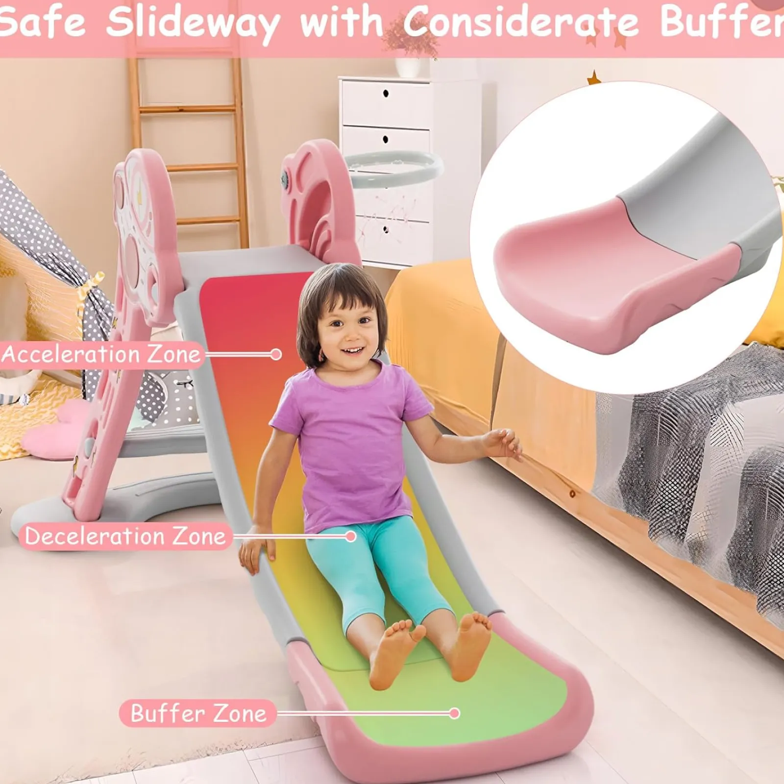 Little Helper Swing & Slide Sets & Garden Play & Trampolines | Activity Toys | 3-in-1 First Folding Slide | Garden Climber Slide Set & Basketball Hoop | Pink | 18m+