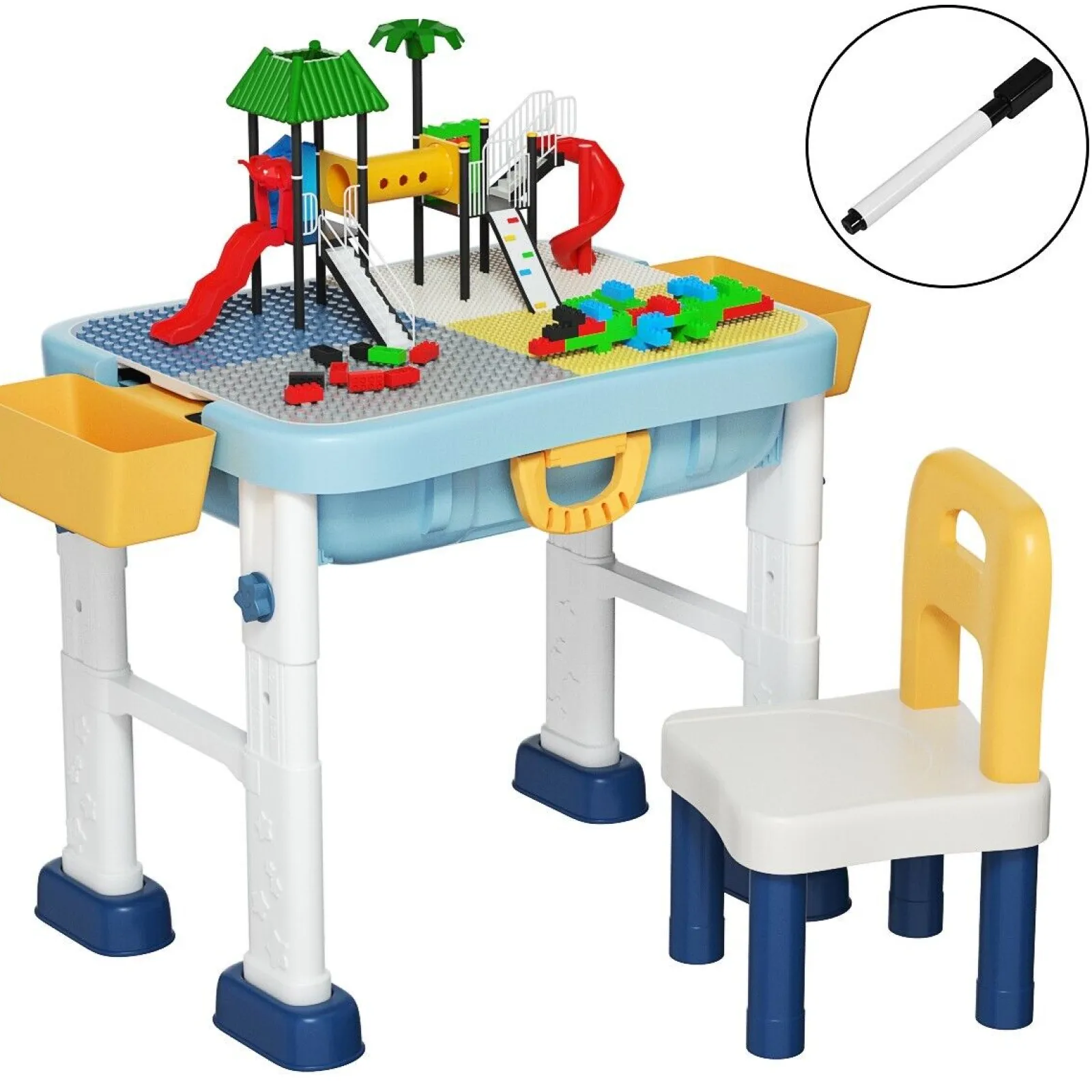 Little Helper Table & Chairs (plastic) | 6-in-1 Folding | Portable Height Adjustable Activity Table & Chair | 2-Sided Lego Tabletop & Storage Space | Building Block | 3 Years+