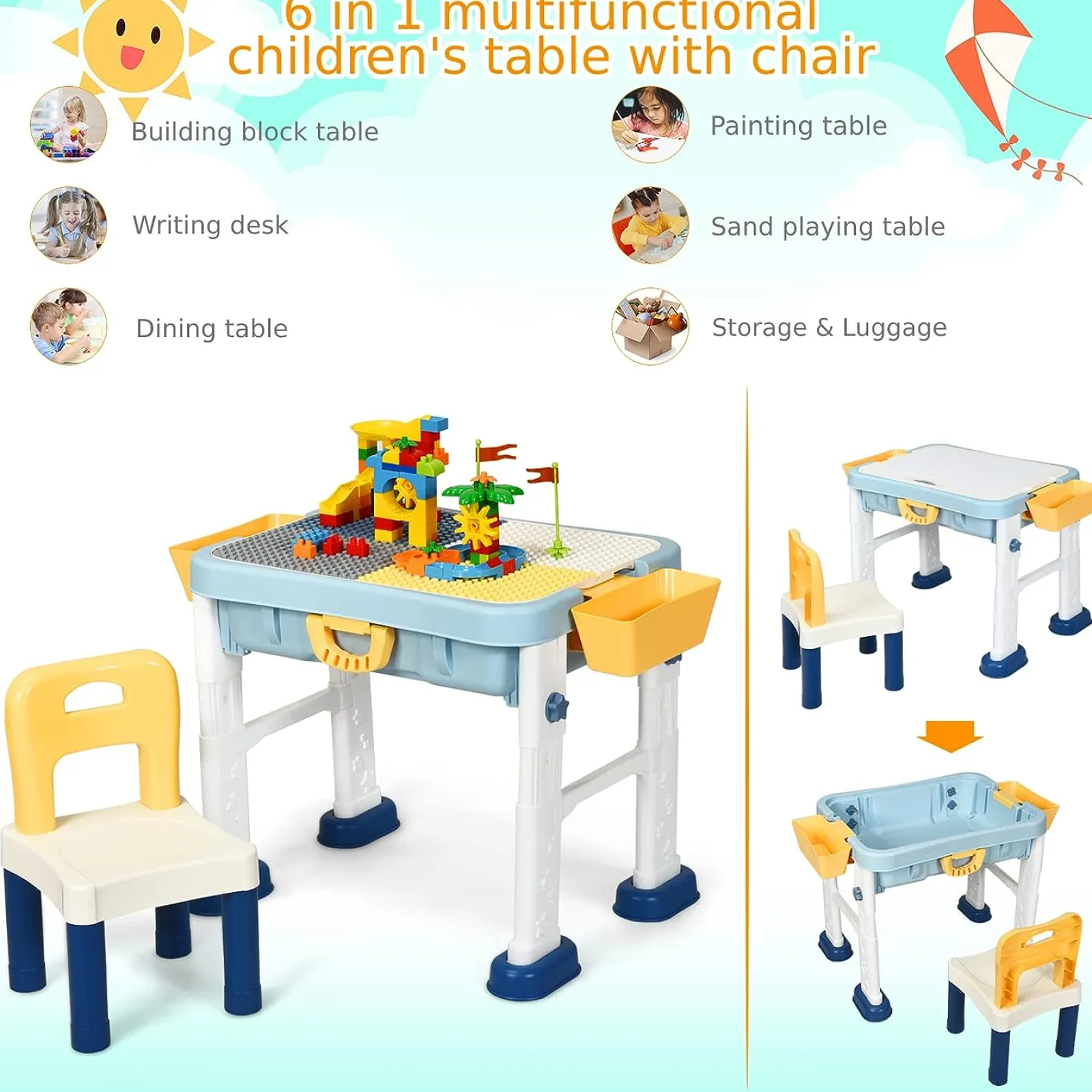 Little Helper Table & Chairs (plastic) | 6-in-1 Folding | Portable Height Adjustable Activity Table & Chair | 2-Sided Lego Tabletop & Storage Space | Building Block | 3 Years+