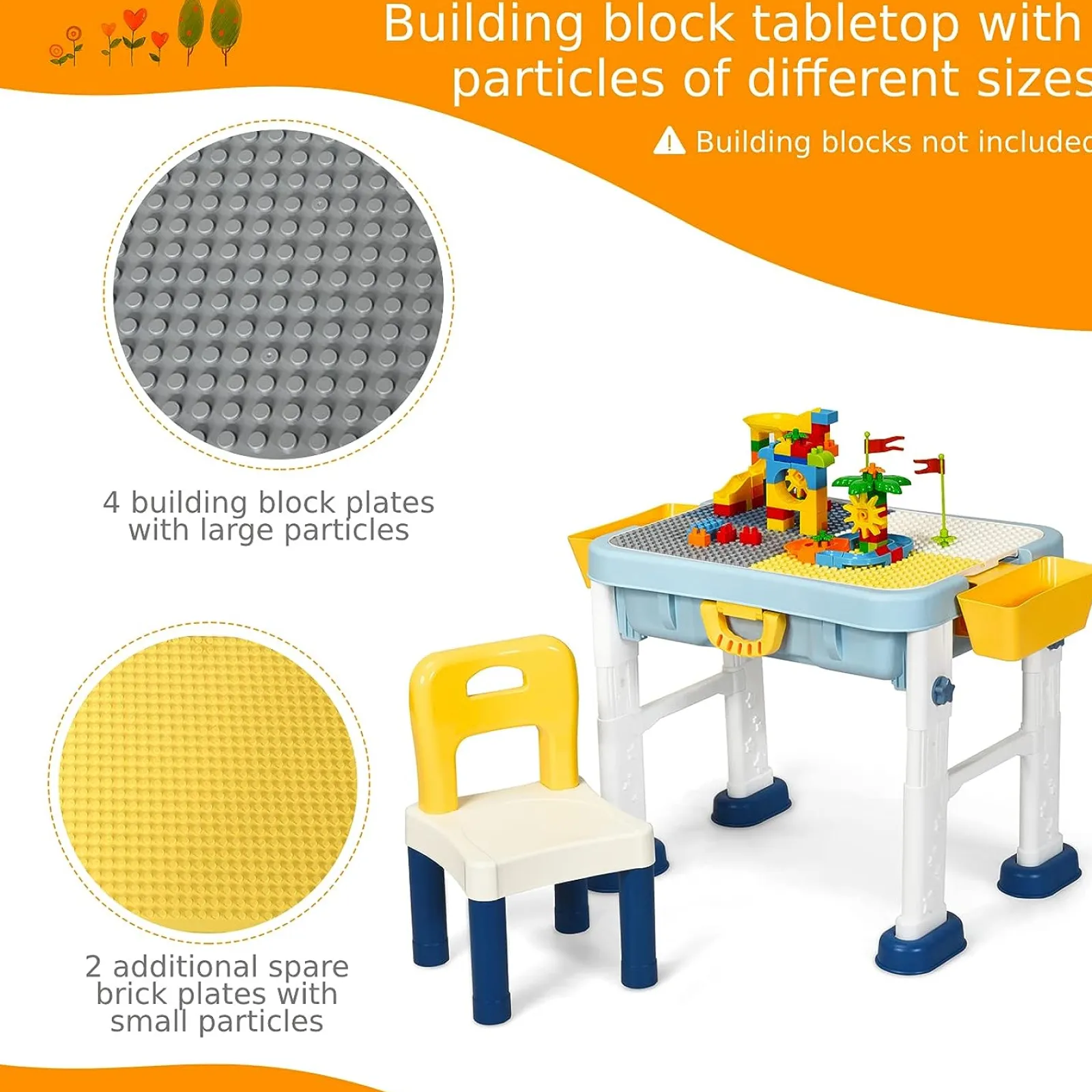 Little Helper Table & Chairs (plastic) | 6-in-1 Folding | Portable Height Adjustable Activity Table & Chair | 2-Sided Lego Tabletop & Storage Space | Building Block | 3 Years+