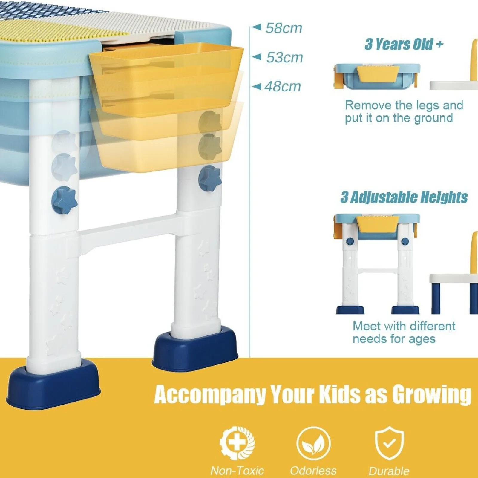 Little Helper Table & Chairs (plastic) | 6-in-1 Folding | Portable Height Adjustable Activity Table & Chair | 2-Sided Lego Tabletop & Storage Space | Building Block | 3 Years+