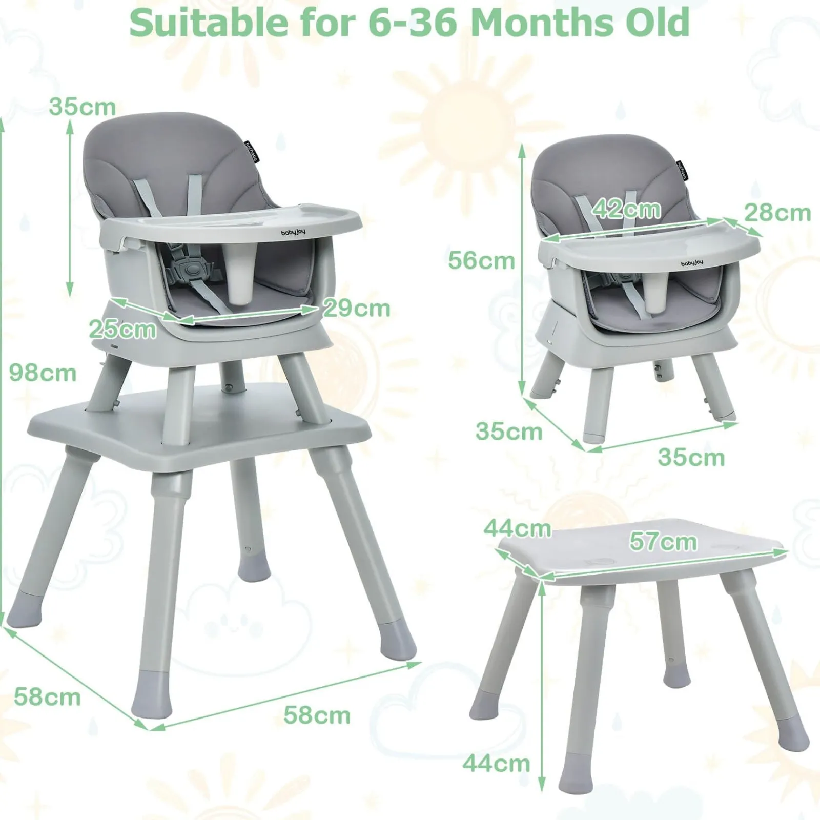 Little Helper High Chairs (plastic) | 6-in-1 Grow-with-me Baby High Chair | 5-Point Harness | Booster Seat | Table & Chair Set | Grey