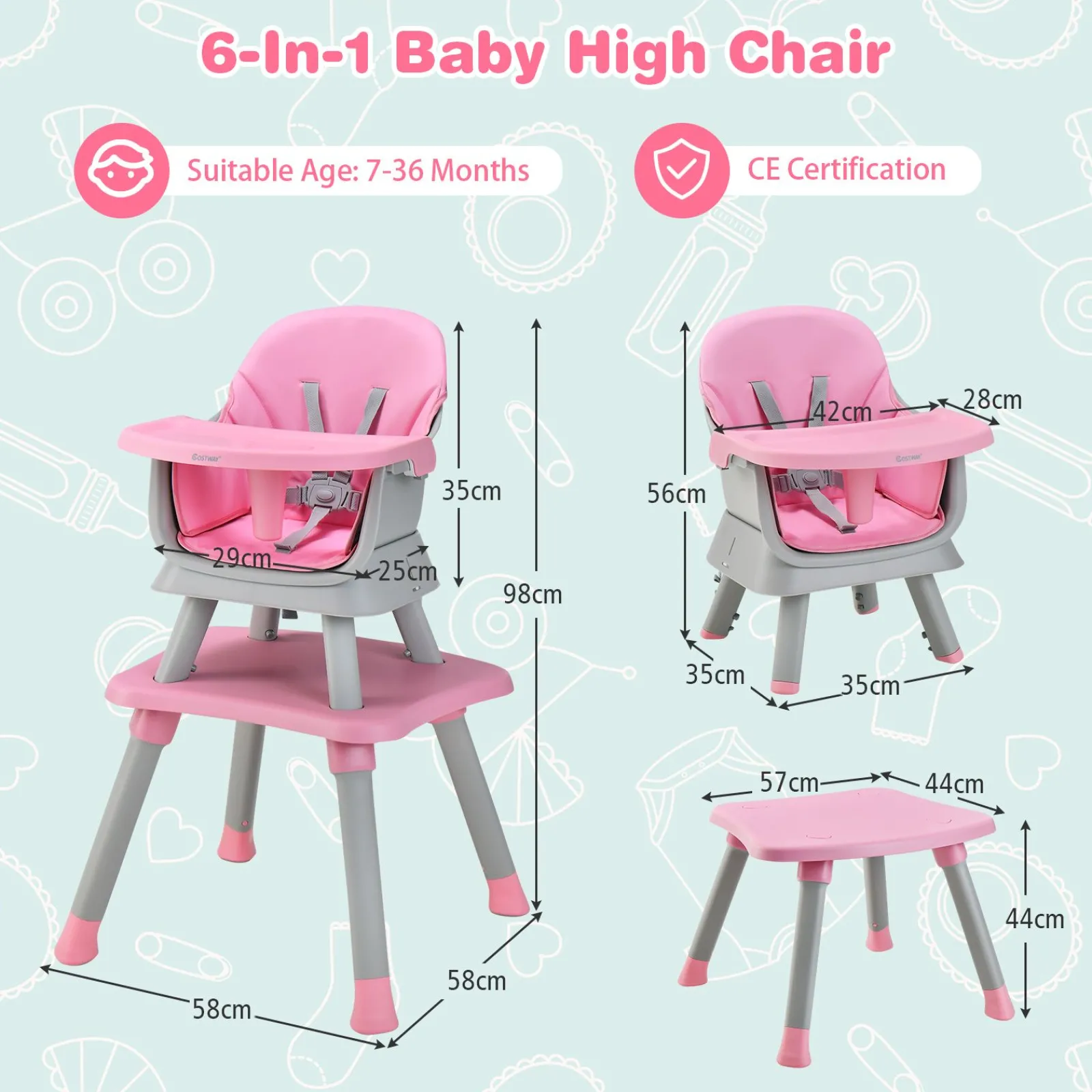 Little Helper High Chairs (plastic) | 6-in-1 Grow-with-me Baby High Chair | 5-Point Harness | Booster Seat | Table & Chair Set | Pink