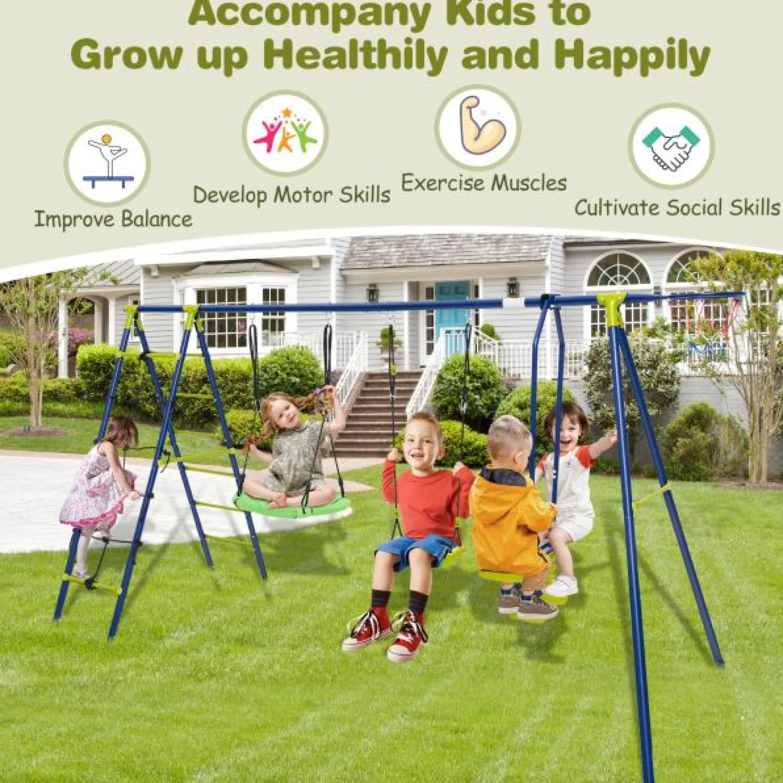 Little Helper Swing & Slide Sets & Garden Play & Trampolines | 6-in-1 Heavy Duty Anti-Rust Pikler Swing Set | Climbing Ladder | Seesaw | Basketball Hoop | Green | 3-12 Years