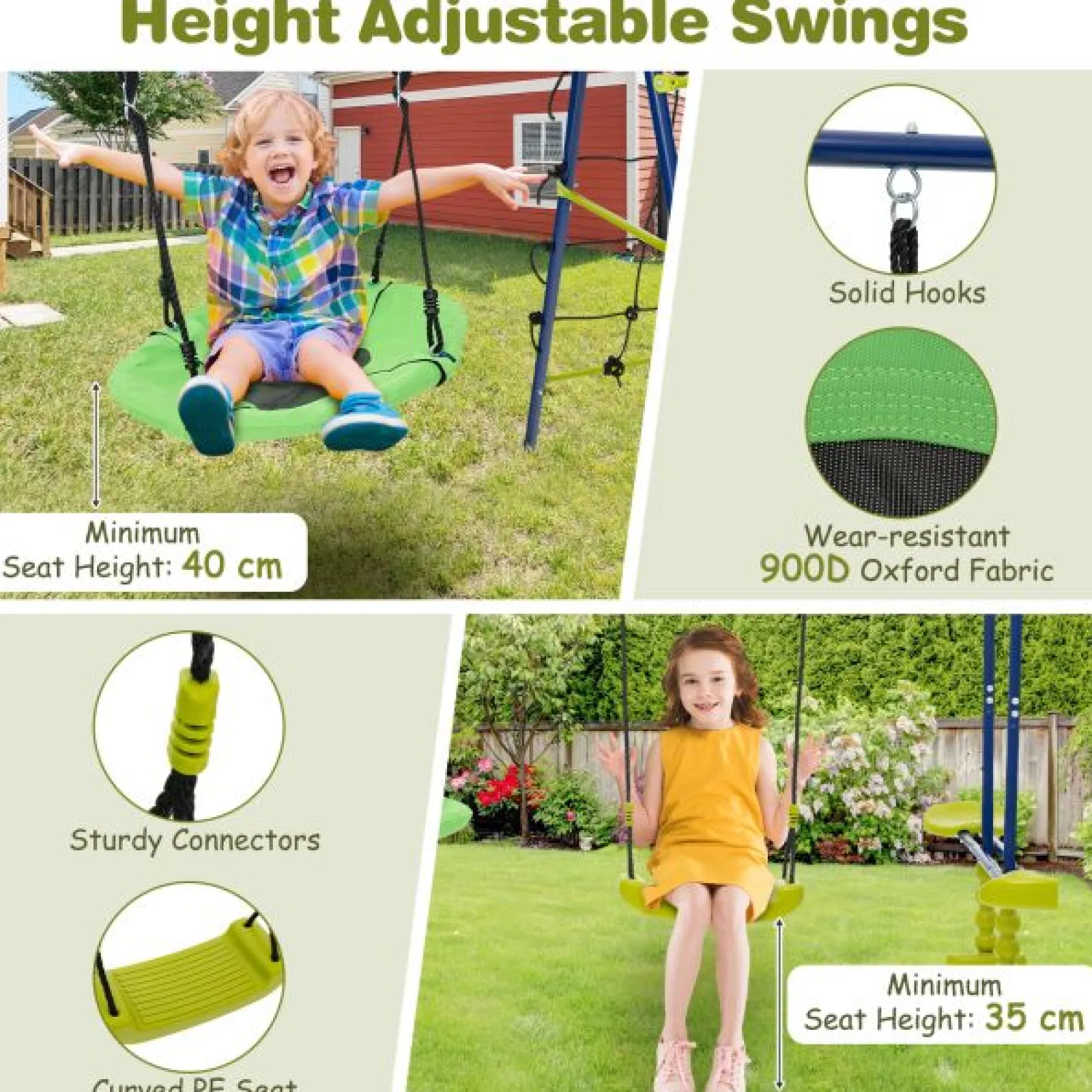 Little Helper Swing & Slide Sets & Garden Play & Trampolines | 6-in-1 Heavy Duty Anti-Rust Pikler Swing Set | Climbing Ladder | Seesaw | Basketball Hoop | Green | 3-12 Years