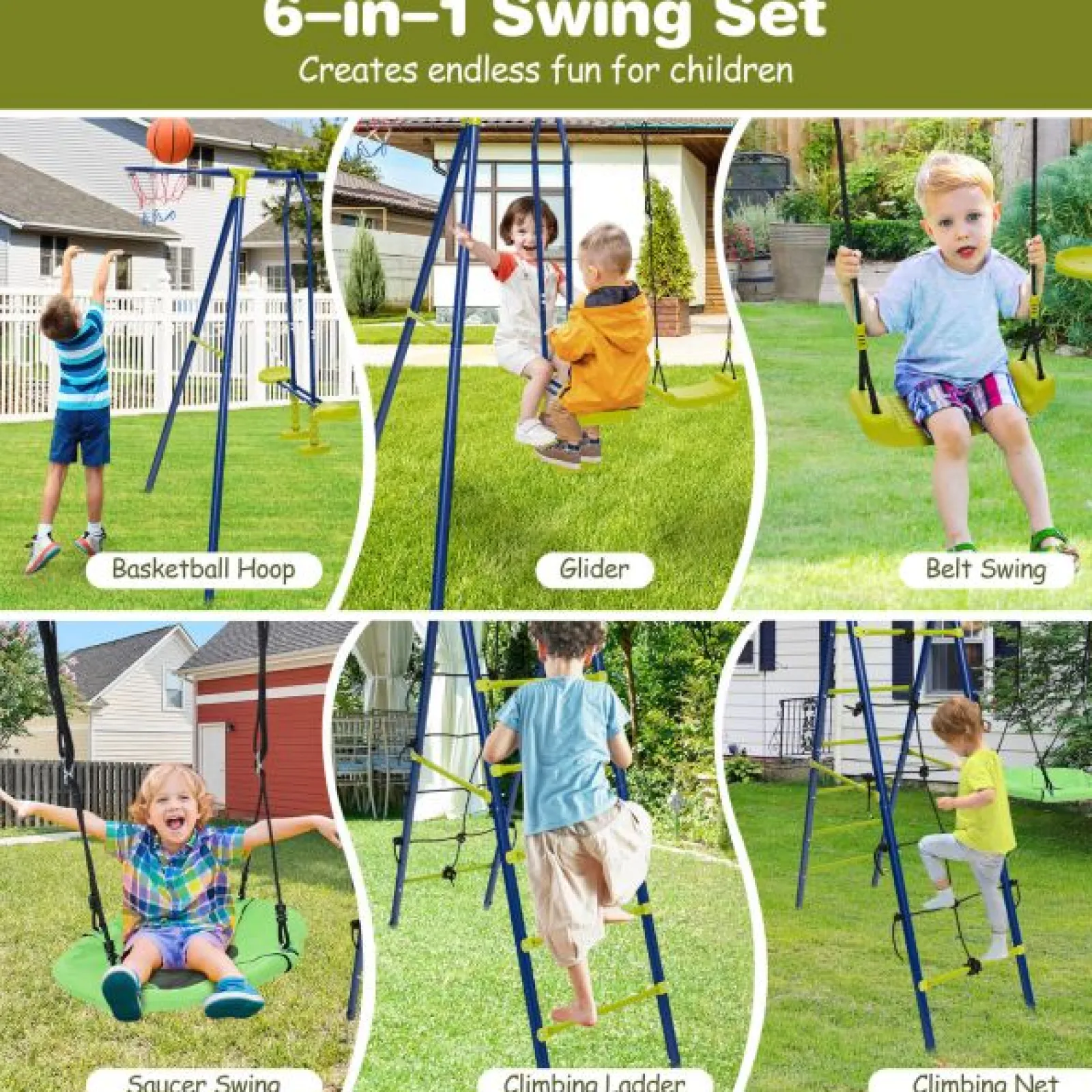 Little Helper Swing & Slide Sets & Garden Play & Trampolines | 6-in-1 Heavy Duty Anti-Rust Pikler Swing Set | Climbing Ladder | Seesaw | Basketball Hoop | Green | 3-12 Years