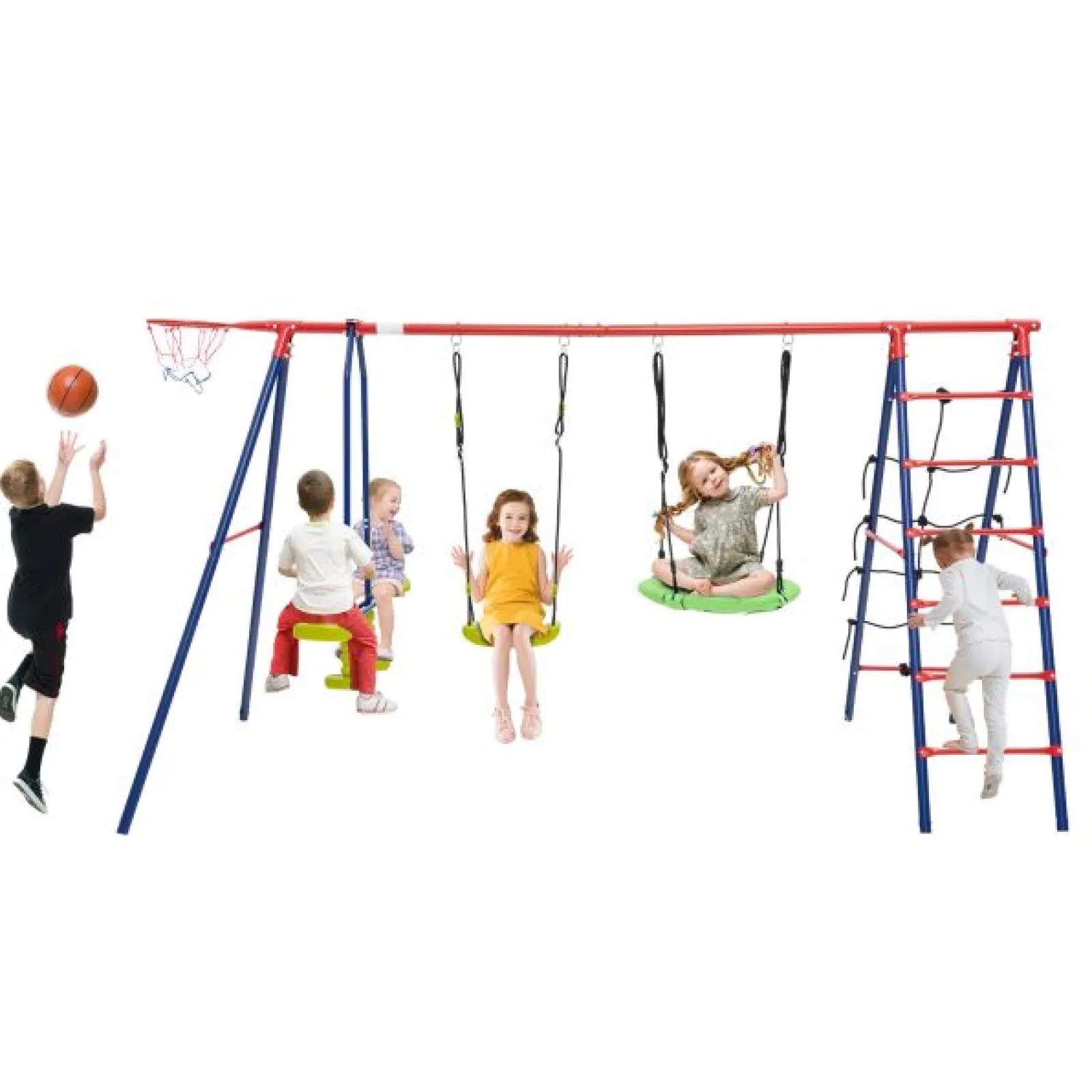 Little Helper Swing & Slide Sets & Garden Play & Trampolines | 6-in-1 Heavy Duty Anti-Rust Pikler Swing Set | Climbing Ladder | Seesaw | Basketball Hoop | Red | 3-12 Years