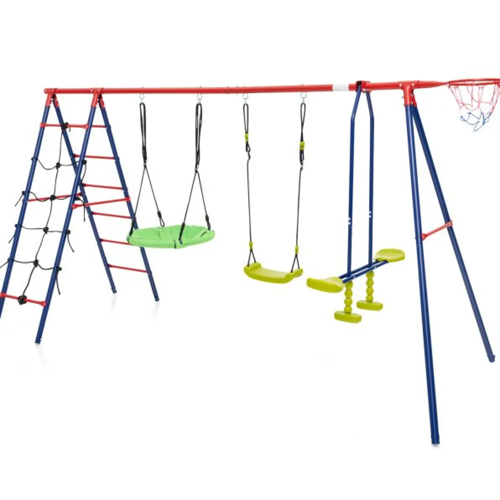 Little Helper Swing & Slide Sets & Garden Play & Trampolines | 6-in-1 Heavy Duty Anti-Rust Pikler Swing Set | Climbing Ladder | Seesaw | Basketball Hoop | Red | 3-12 Years