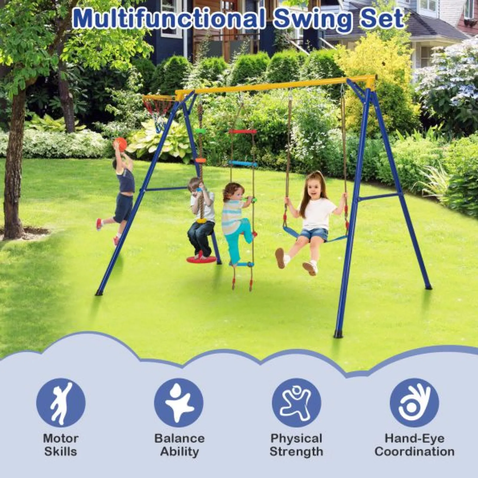 Little Helper Swing & Slide Sets & Garden Play & Trampolines | 4-in-1 Heavy Duty Pikler Swing Set | Climbing Ladder | Disc Swing | Basketball Hoop | 3-9 Years