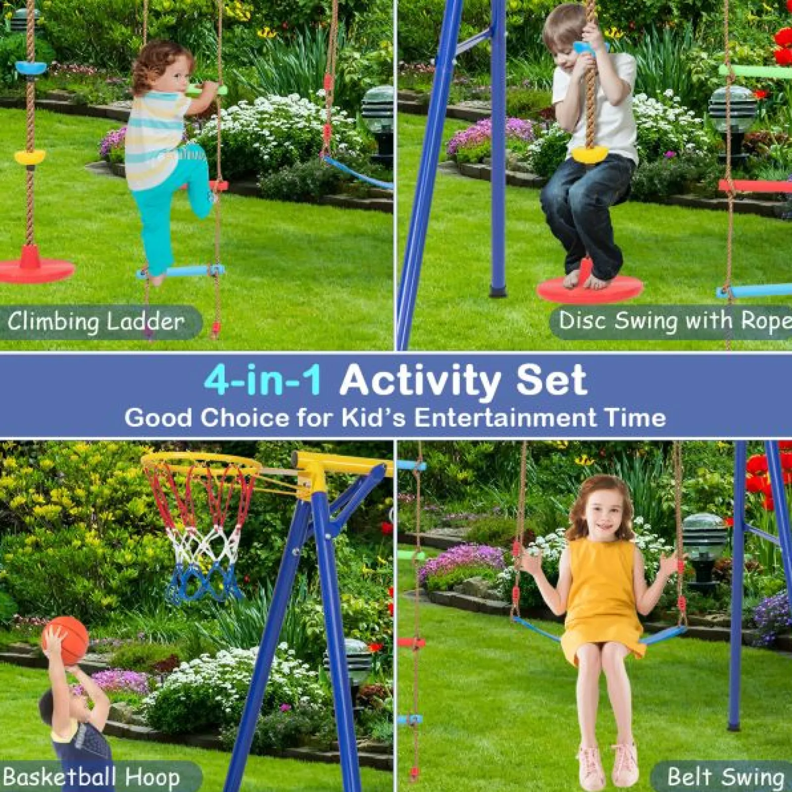 Little Helper Swing & Slide Sets & Garden Play & Trampolines | 4-in-1 Heavy Duty Pikler Swing Set | Climbing Ladder | Disc Swing | Basketball Hoop | 3-9 Years