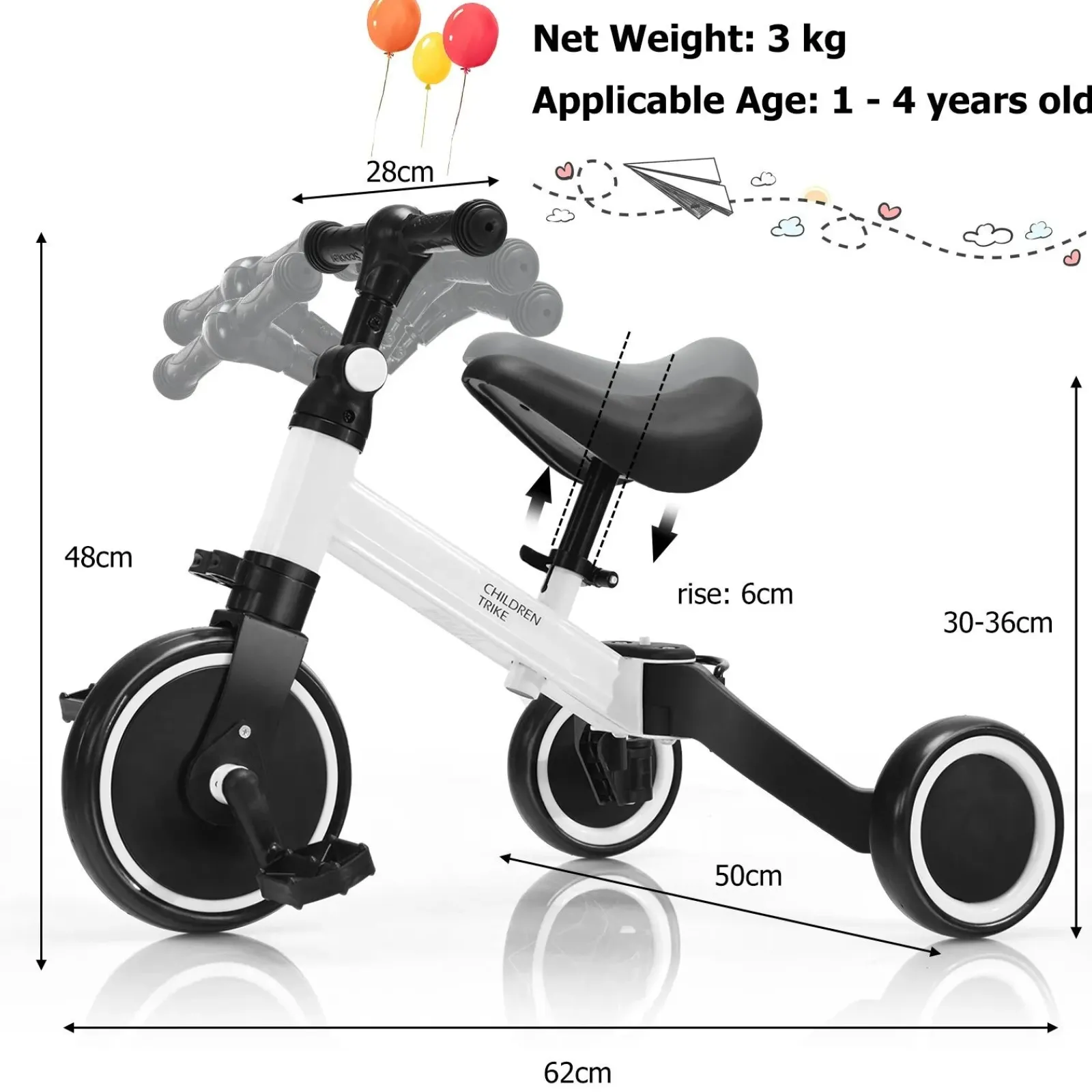 Little Helper Ride On Toys | Balance Bikes & Kids Scooters & Kids Bikes | 3-in-1 Kids Baby Walker, Tricycle & Balance Bike | 3 Wheel Bike Trike | Removable Pedals | White | 1-4 Years