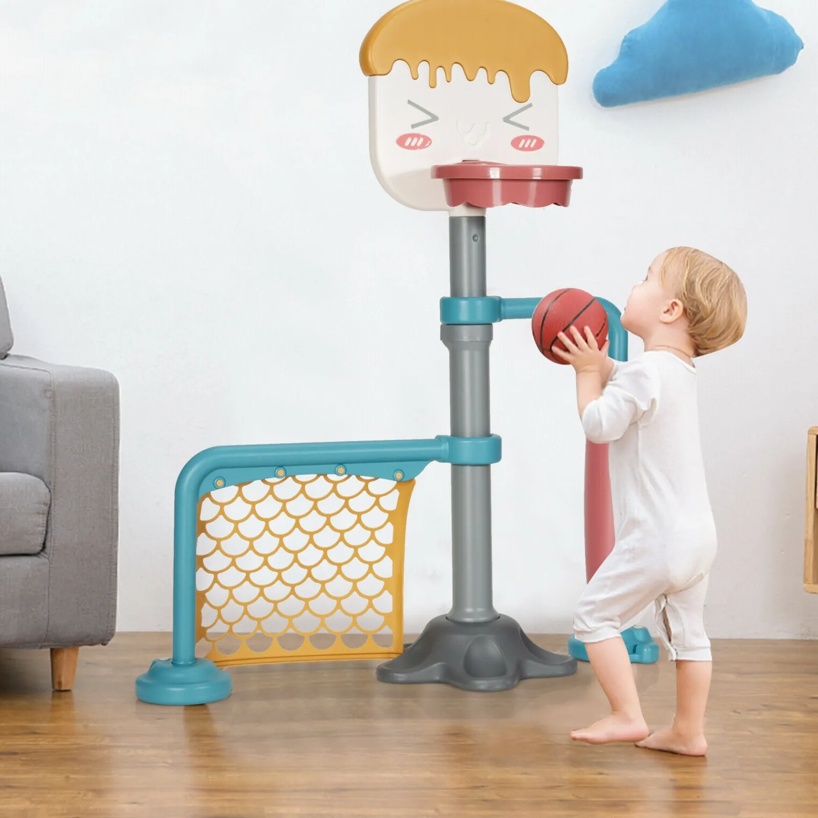 Little Helper Kids Climbing Frames & Activity Toys | Activity Toys | 2-in-1 Kids Basketball Stand | Adjustable Rubber Football Goal Smooth Roller | 3 Years+