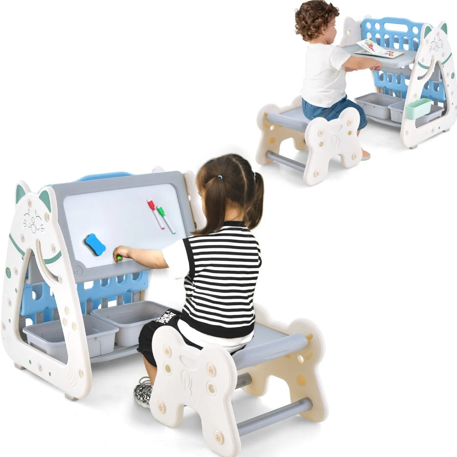 Little Helper Easels & Accessories | Kids Easels & Accessories | 3-in-1 Kids Height Adjustable Magnetic Dry Erase Easel | Desk | Bookcase & Stool | Blue/Grey