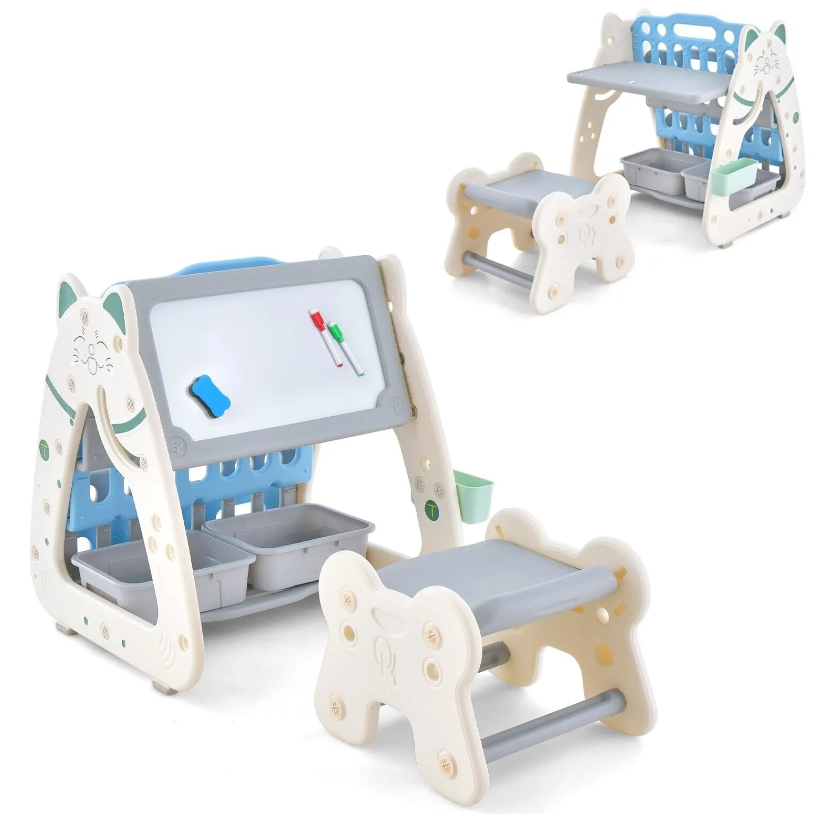 Little Helper Easels & Accessories | Kids Easels & Accessories | 3-in-1 Kids Height Adjustable Magnetic Dry Erase Easel | Desk | Bookcase & Stool | Blue/Grey