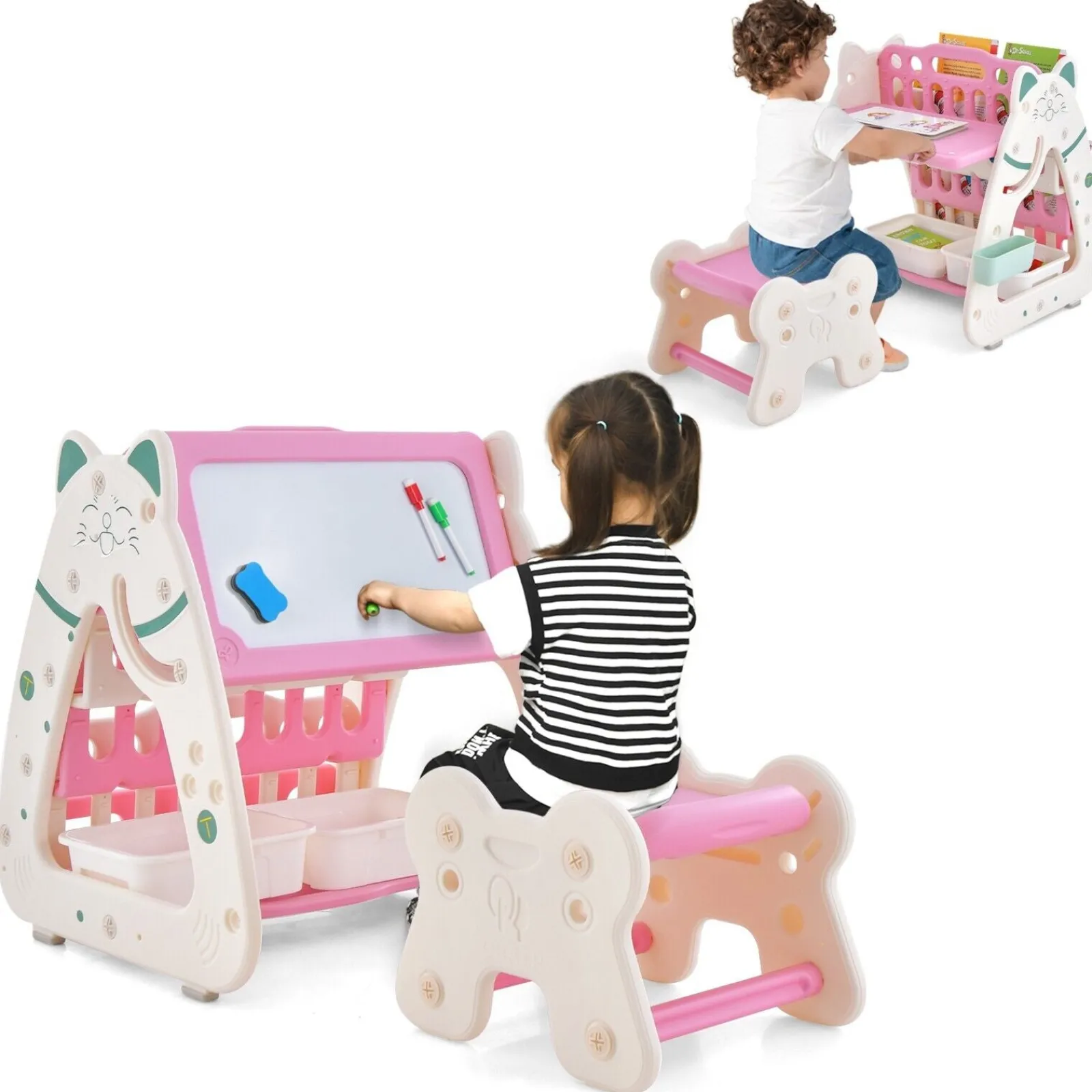 Little Helper Easels & Accessories | Kids Easels & Accessories | 3-in-1 Kids Height Adjustable Magnetic Dry Erase Easel | Desk | Bookcase & Stool | Pink/White