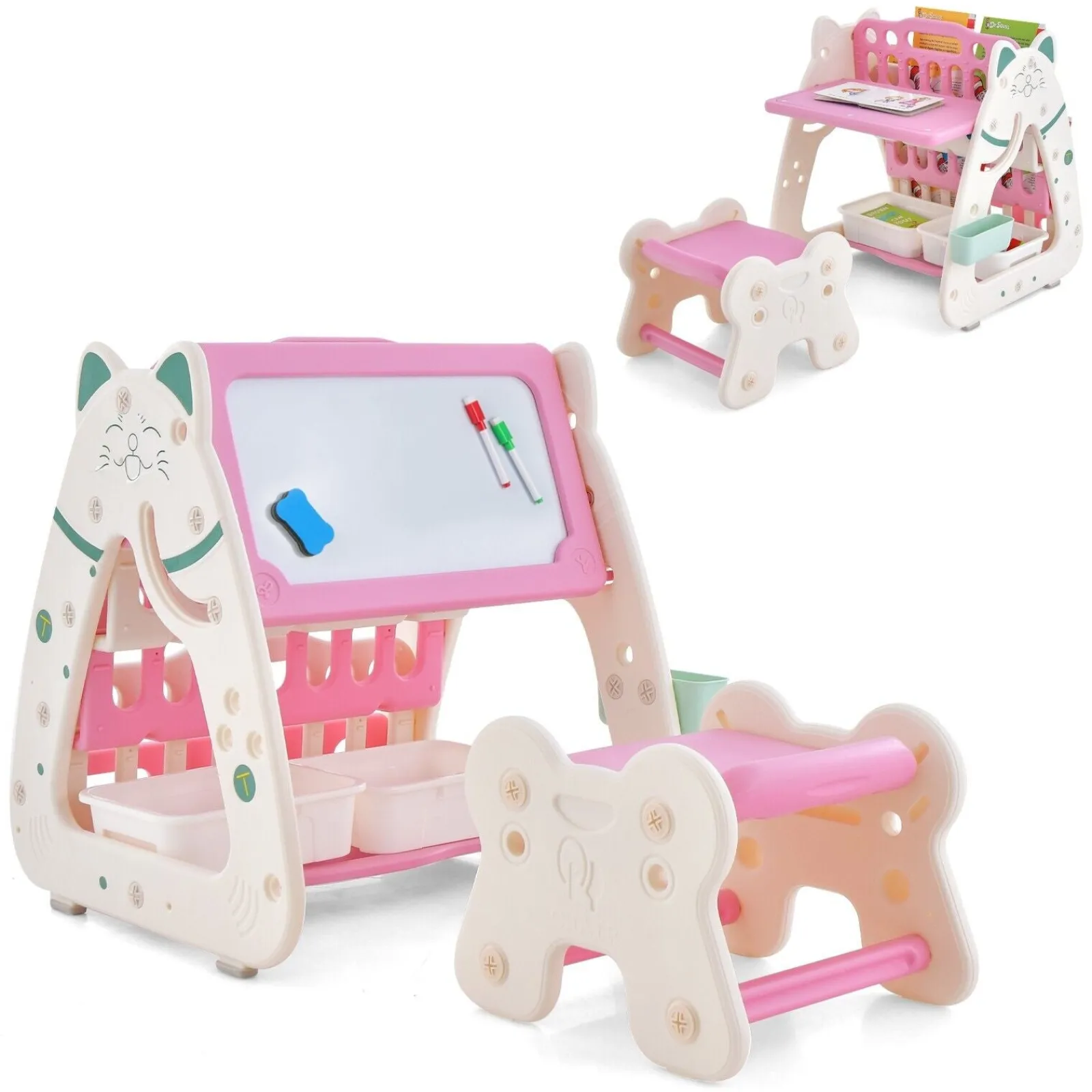 Little Helper Easels & Accessories | Kids Easels & Accessories | 3-in-1 Kids Height Adjustable Magnetic Dry Erase Easel | Desk | Bookcase & Stool | Pink/White