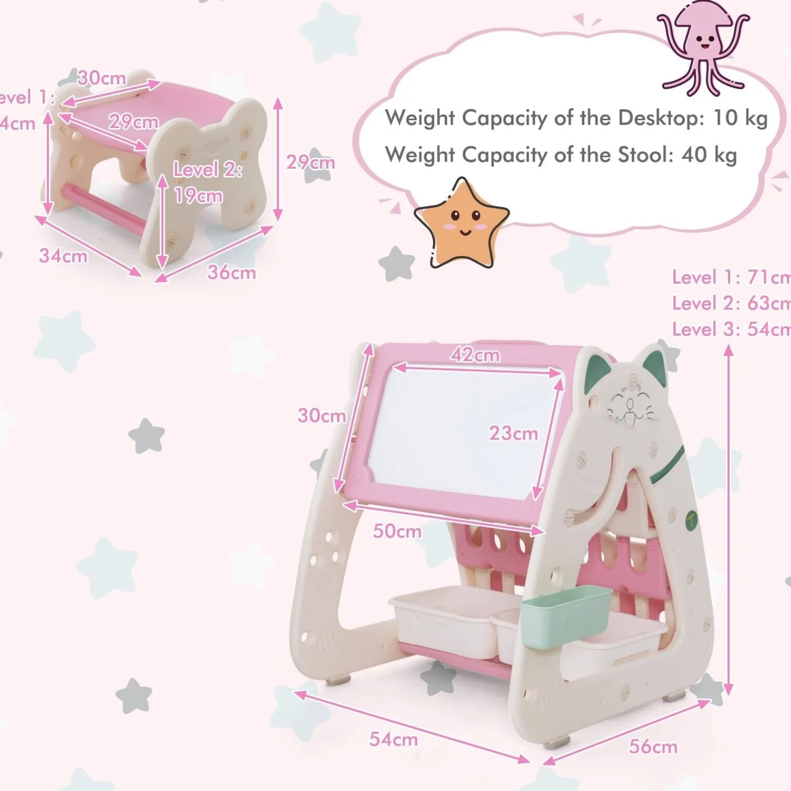 Little Helper Easels & Accessories | Kids Easels & Accessories | 3-in-1 Kids Height Adjustable Magnetic Dry Erase Easel | Desk | Bookcase & Stool | Pink/White