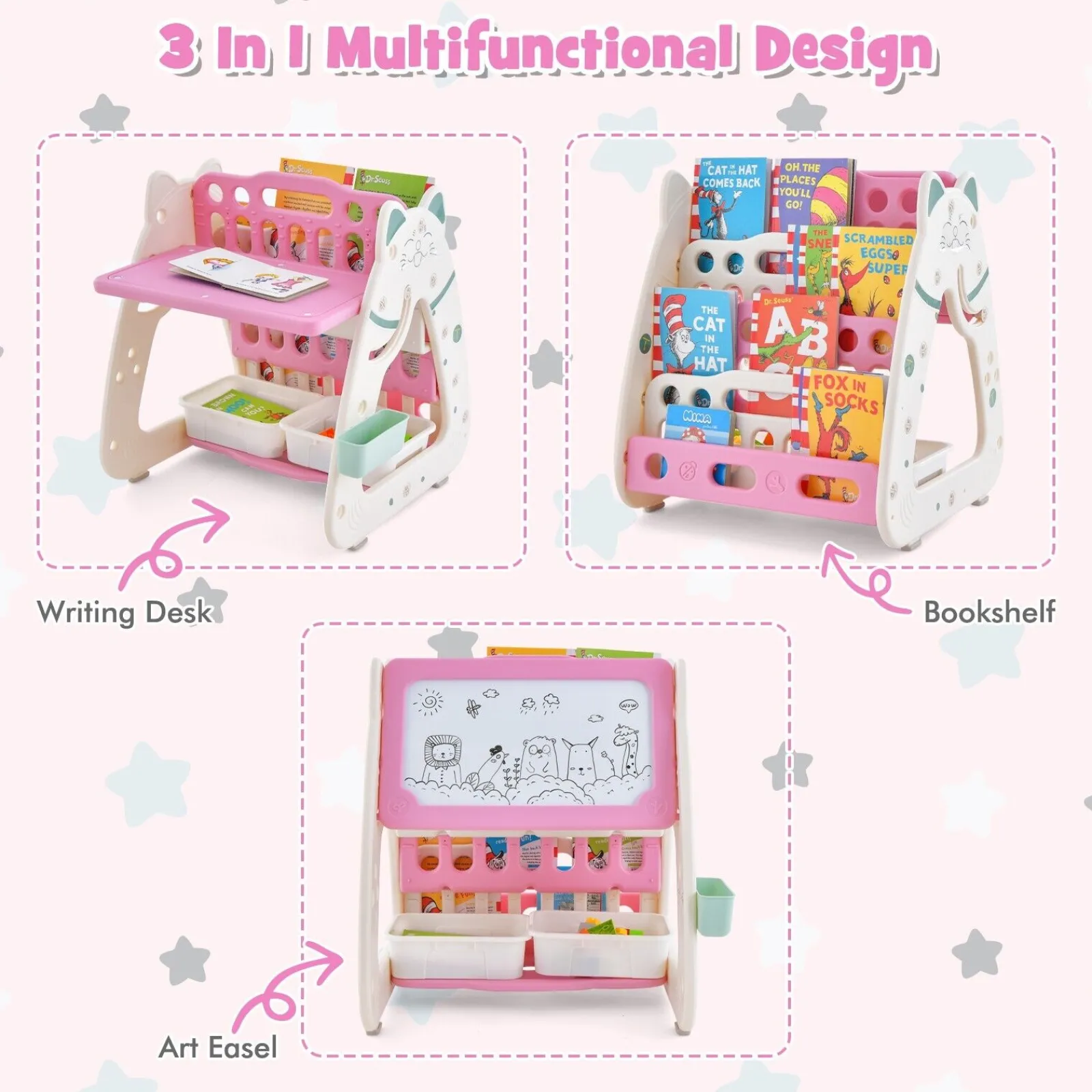Little Helper Easels & Accessories | Kids Easels & Accessories | 3-in-1 Kids Height Adjustable Magnetic Dry Erase Easel | Desk | Bookcase & Stool | Pink/White