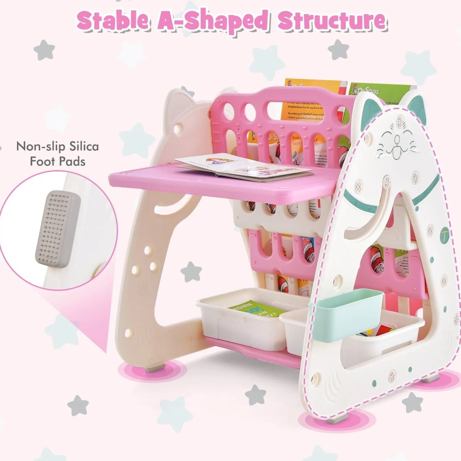 Little Helper Easels & Accessories | Kids Easels & Accessories | 3-in-1 Kids Height Adjustable Magnetic Dry Erase Easel | Desk | Bookcase & Stool | Pink/White