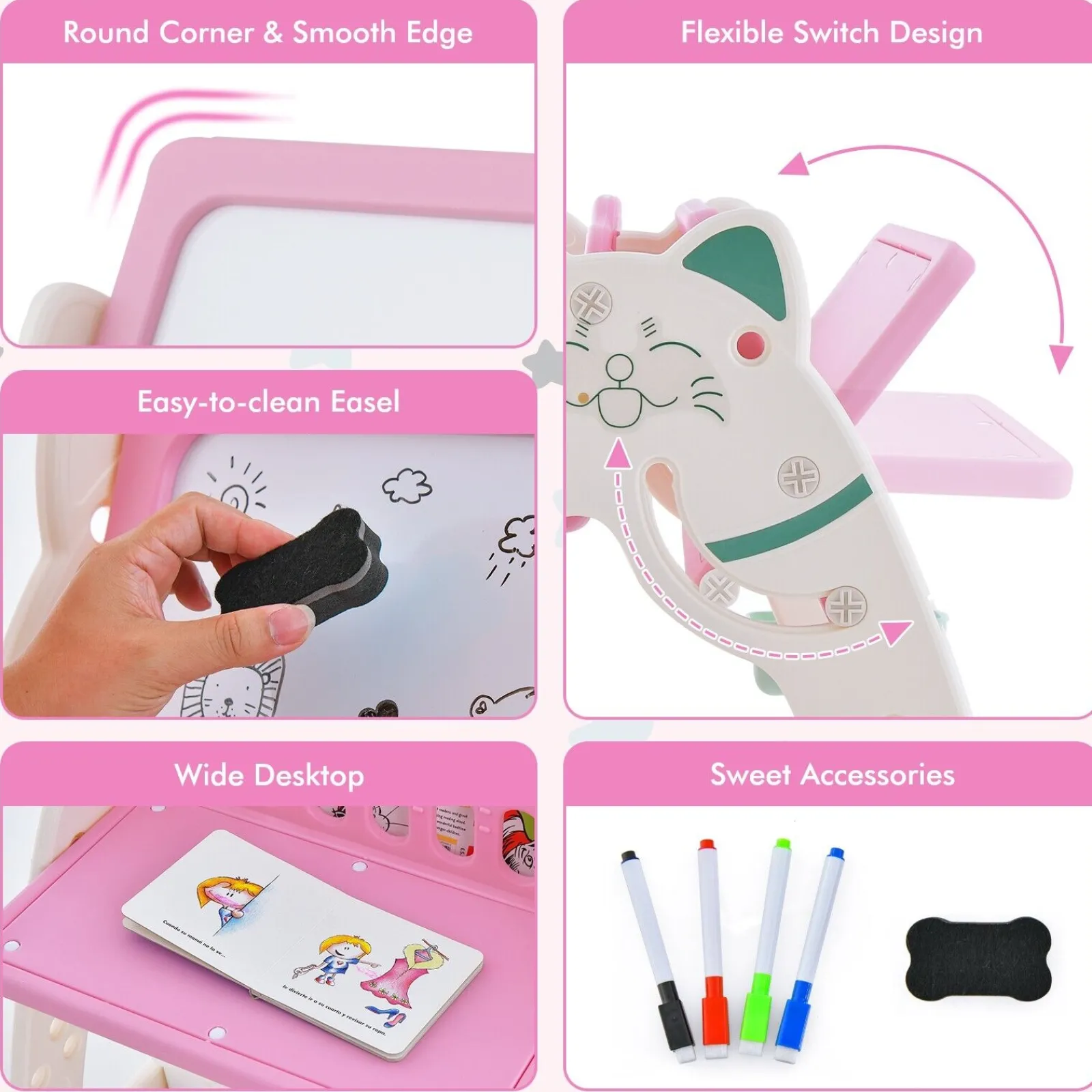 Little Helper Easels & Accessories | Kids Easels & Accessories | 3-in-1 Kids Height Adjustable Magnetic Dry Erase Easel | Desk | Bookcase & Stool | Pink/White