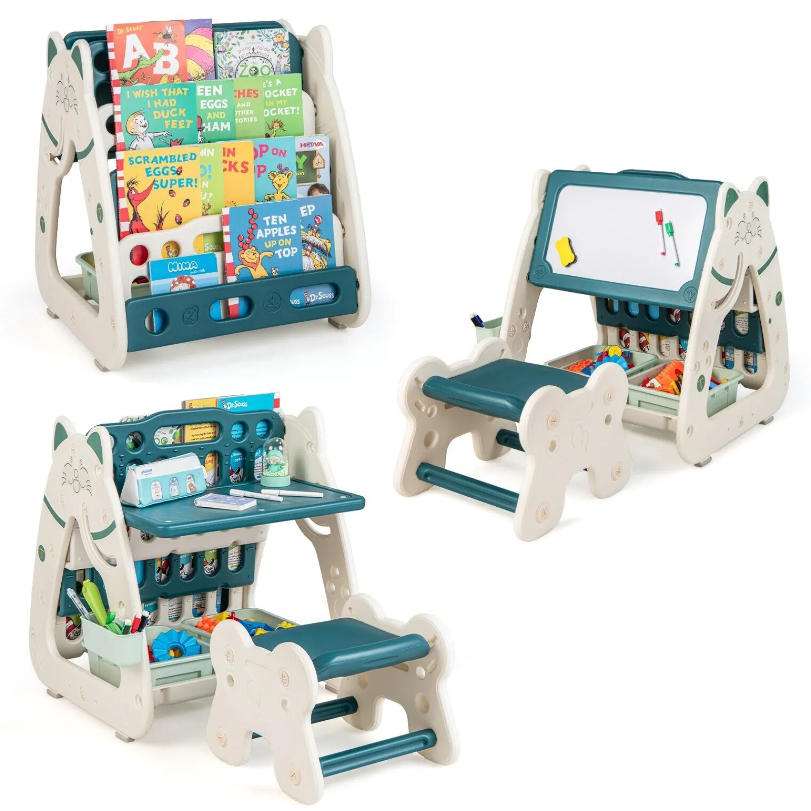 Little Helper Easels & Accessories | Kids Easels & Accessories | 3-in-1 Kids Height Adjustable Magnetic Dry Erase Easel | Desk | Bookcase & Stool | Teal